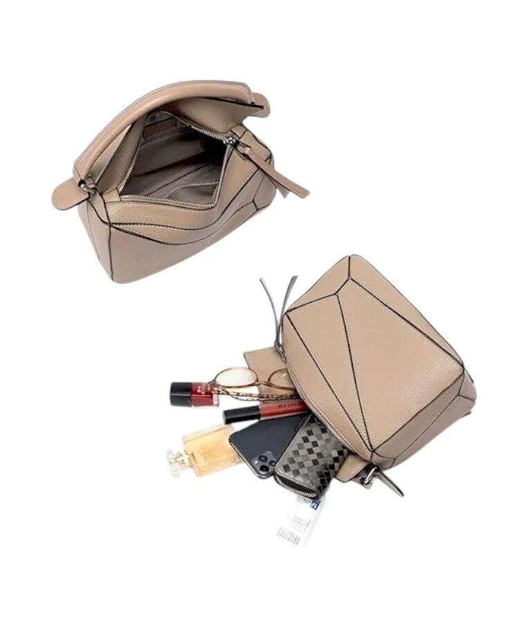 Geometric Puzzle Handbag, Shoulder/Crossbody, Beige/Camel, Mini, Vegan Leather