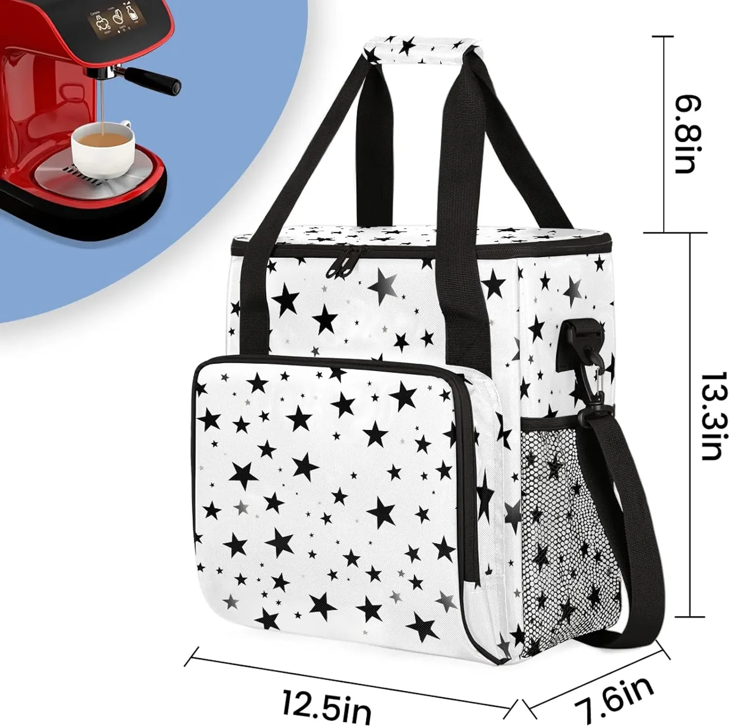 Geometric Stars Coffee Maker Carring Bag, Large Insulated Storage Organizer Case Tote Bags with Shoulder Strap for Travel Work Picnic