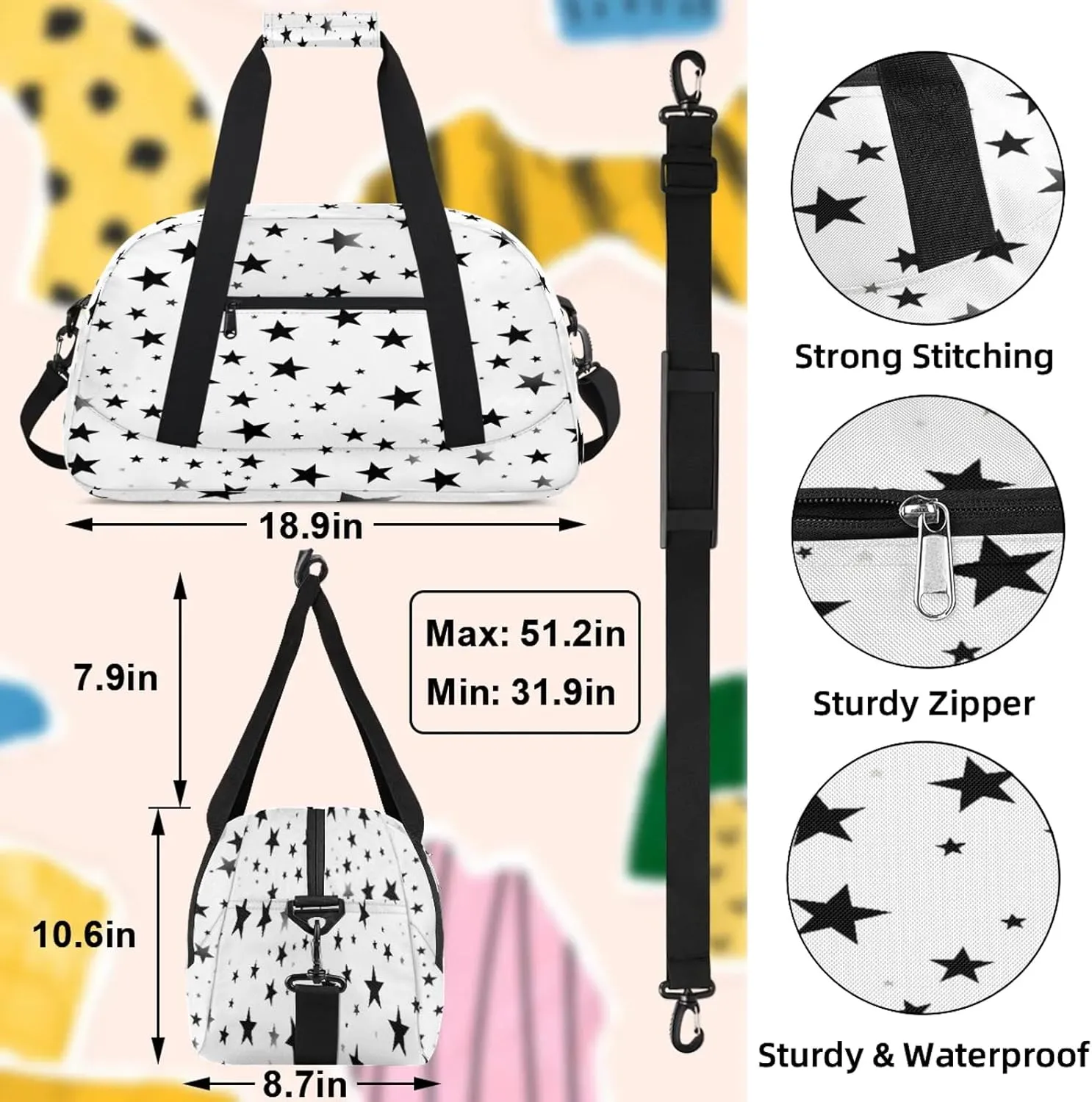 Geometric Stars Small Gym Bag 18 inch Carry On Duffel Bag for Weekender Travel Sports Workout Yoga Gymnastics Dance Ballet