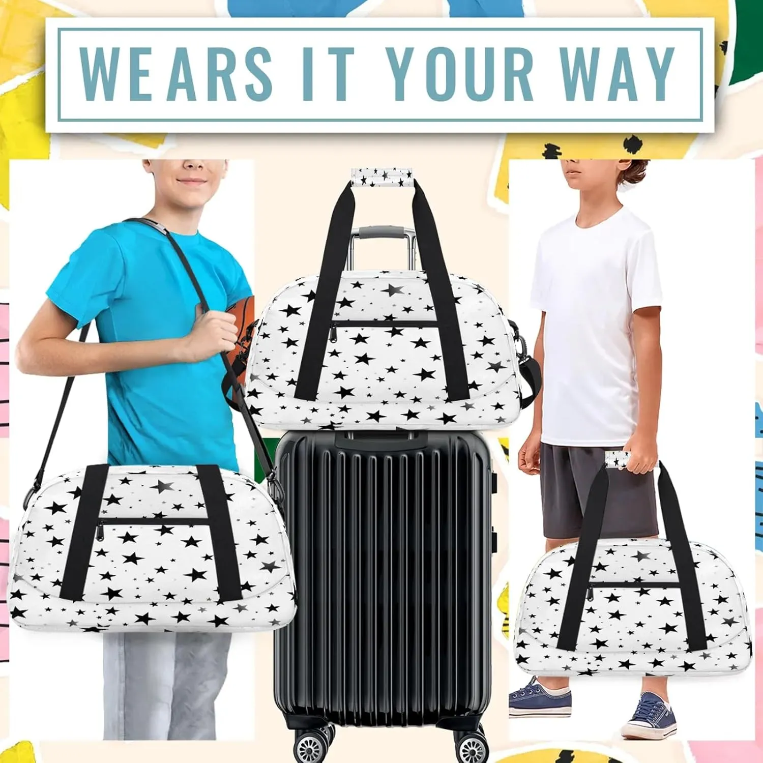 Geometric Stars Small Gym Bag 18 inch Carry On Duffel Bag for Weekender Travel Sports Workout Yoga Gymnastics Dance Ballet