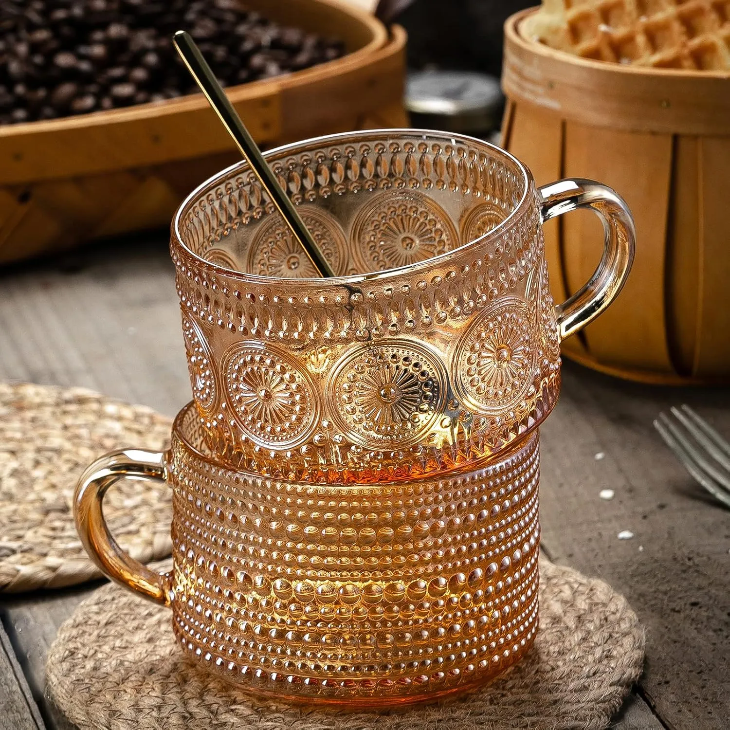 Gezzeny Vintage Coffee Mugs 14 Oz Set of 2 Amber Embossed Glass Tea Cups for Cappccino, Latte,Cereal, Yogurt, Beverage Christmas Thanksgiving Day Gifts