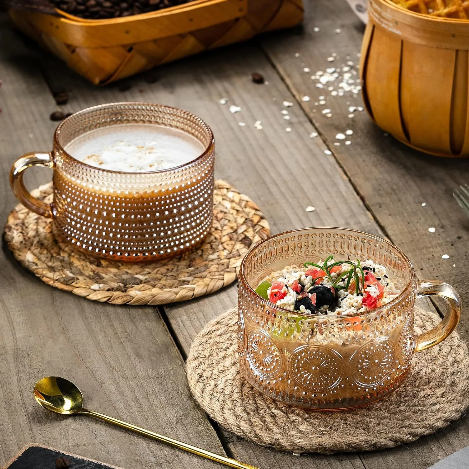 Gezzeny Vintage Coffee Mugs 14 Oz Set of 2 Amber Embossed Glass Tea Cups for Cappccino, Latte,Cereal, Yogurt, Beverage Christmas Thanksgiving Day Gifts