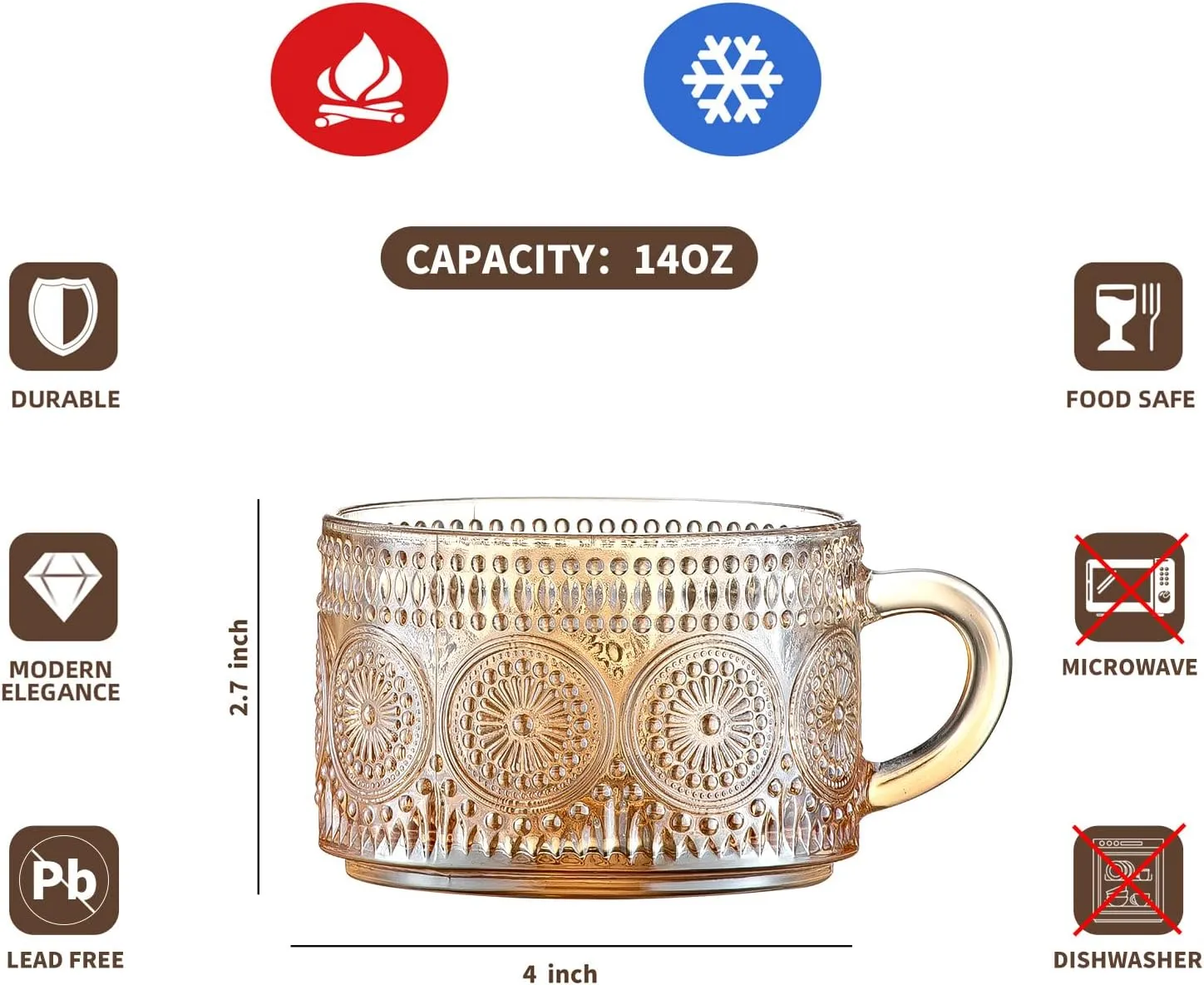 Gezzeny Vintage Coffee Mugs 14 Oz Set of 2 Amber Embossed Glass Tea Cups for Cappccino, Latte,Cereal, Yogurt, Beverage Christmas Thanksgiving Day Gifts