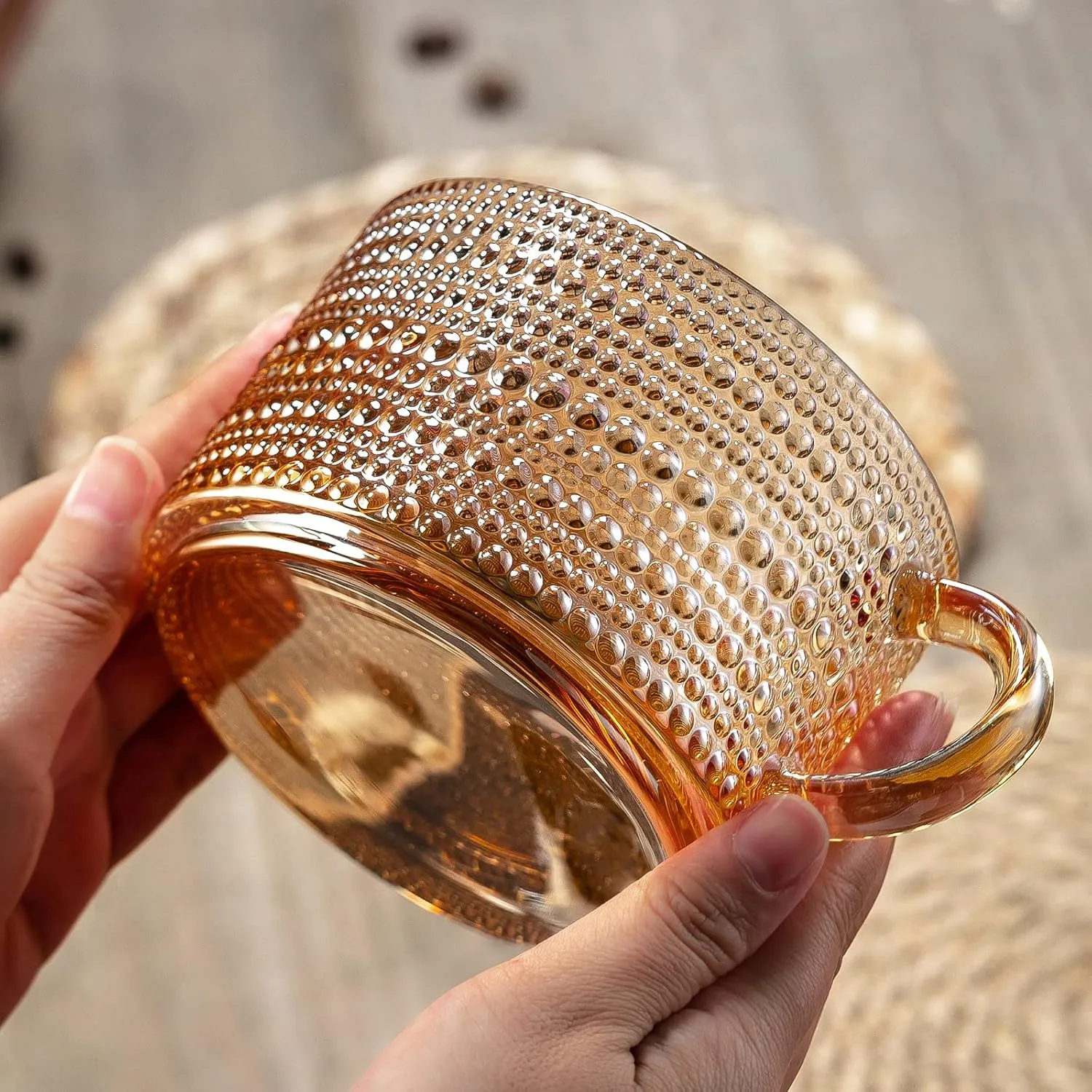 Gezzeny Vintage Coffee Mugs 14 Oz Set of 2 Amber Embossed Glass Tea Cups for Cappccino, Latte,Cereal, Yogurt, Beverage Christmas Thanksgiving Day Gifts