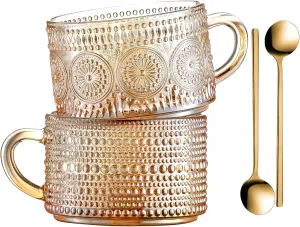 Gezzeny Vintage Coffee Mugs 14 Oz Set of 2 Amber Embossed Glass Tea Cups for Cappccino, Latte,Cereal, Yogurt, Beverage Christmas Thanksgiving Day Gifts