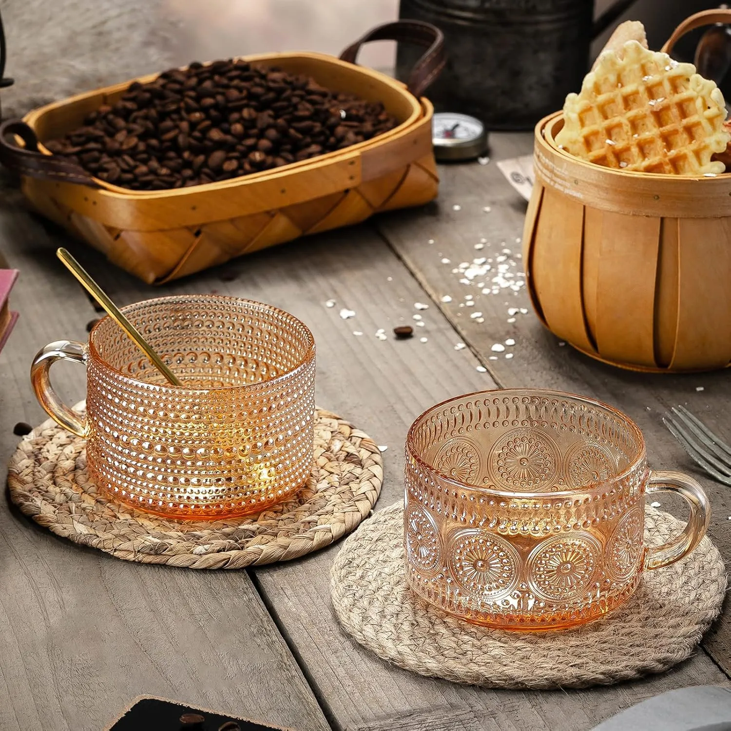 Gezzeny Vintage Coffee Mugs 14 Oz Set of 2 Amber Embossed Glass Tea Cups for Cappccino, Latte,Cereal, Yogurt, Beverage Christmas Thanksgiving Day Gifts