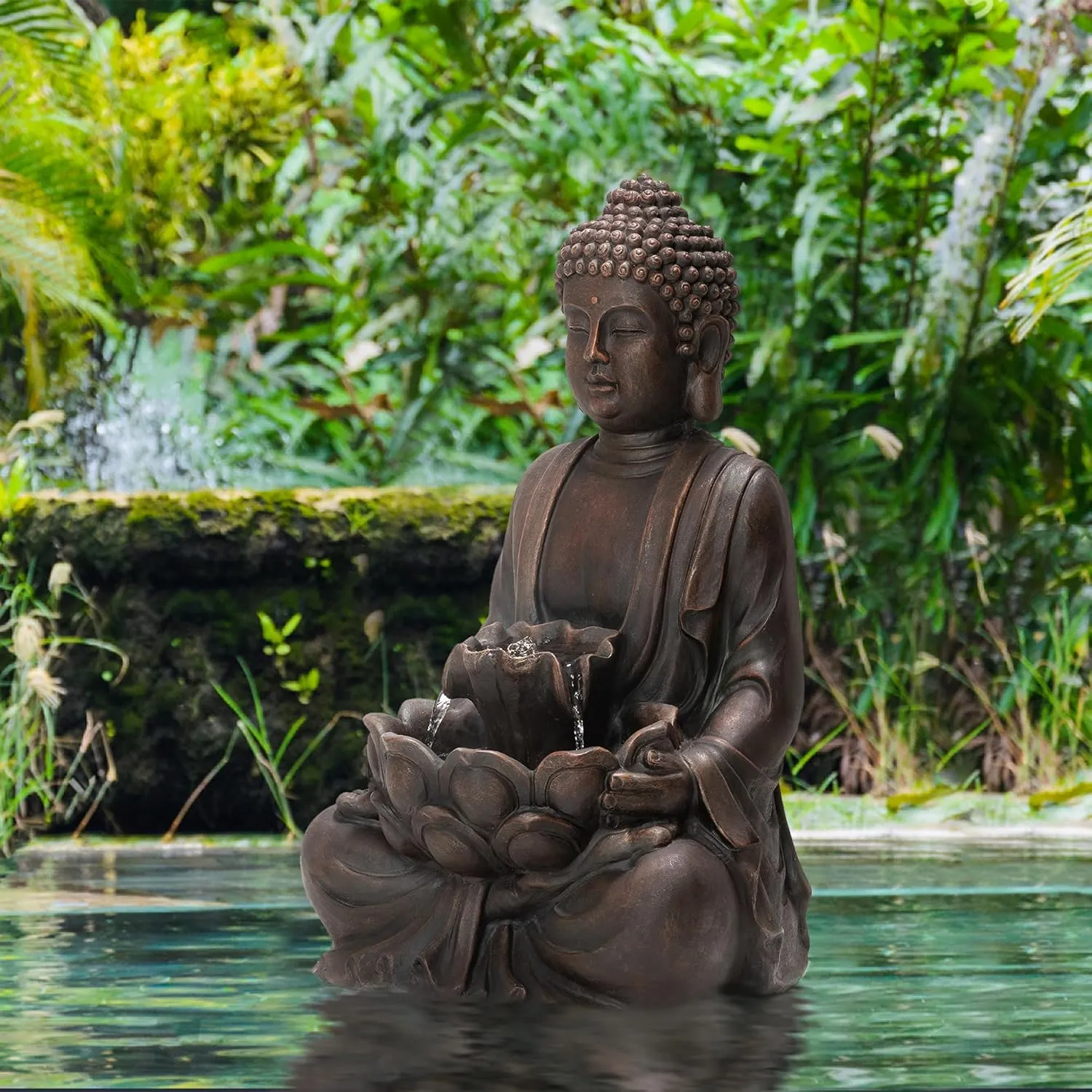 Glitzhome Buddha Fountain with Pump & LED Light, 2 Tier Zen Style Meditating Buddha Water Fountain Outdoor Fountains and Waterfalls Outdoor Buddha Statues for Garden Patio Backyard 28" H