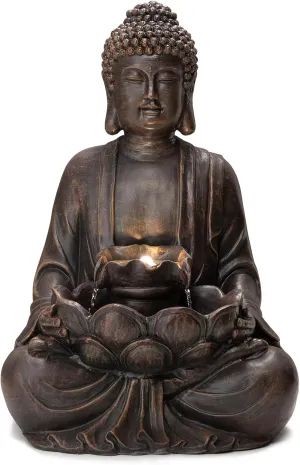Glitzhome Buddha Fountain with Pump & LED Light, 2 Tier Zen Style Meditating Buddha Water Fountain Outdoor Fountains and Waterfalls Outdoor Buddha Statues for Garden Patio Backyard 28" H