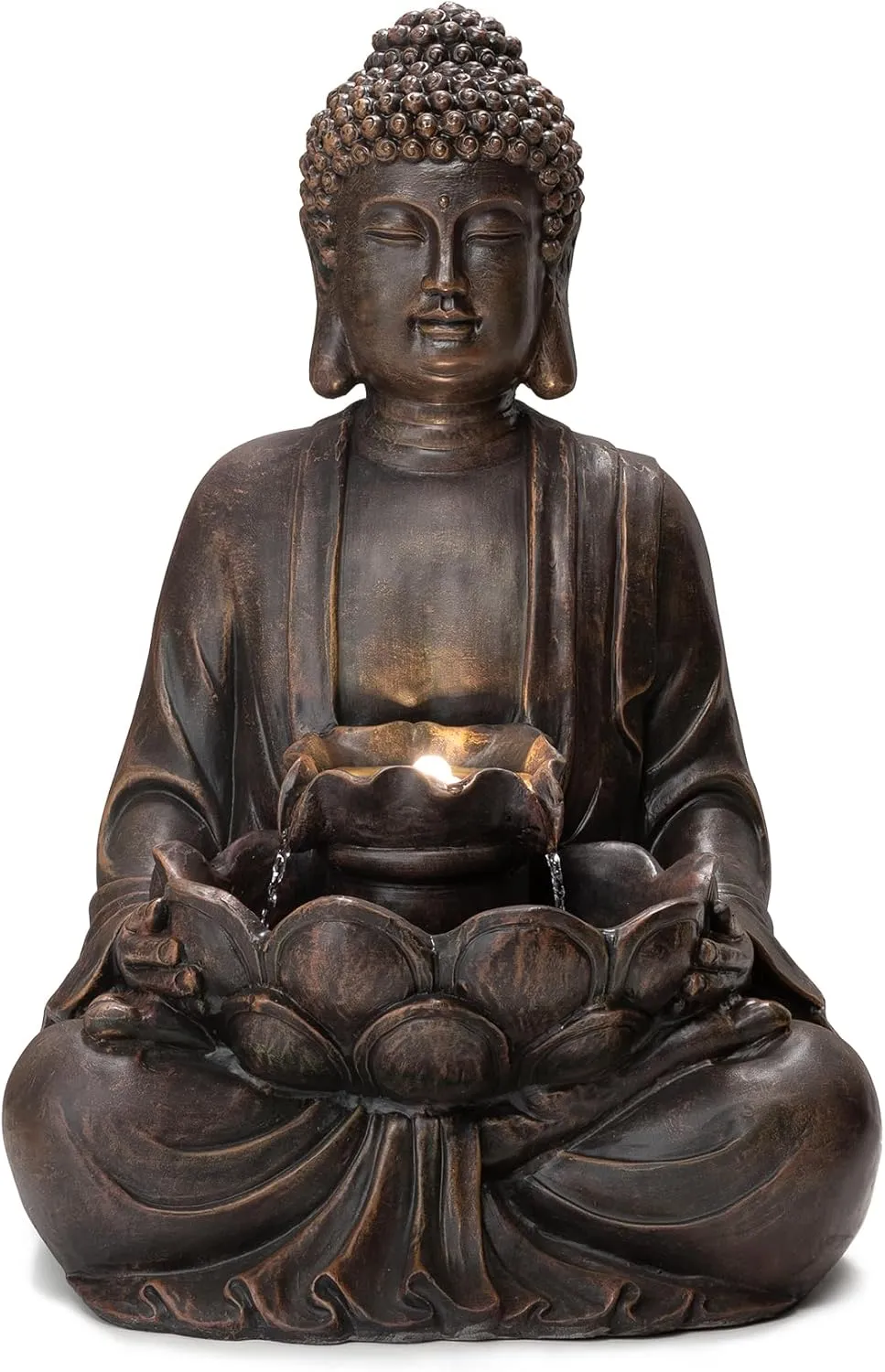 Glitzhome Buddha Fountain with Pump & LED Light, 2 Tier Zen Style Meditating Buddha Water Fountain Outdoor Fountains and Waterfalls Outdoor Buddha Statues for Garden Patio Backyard 28" H