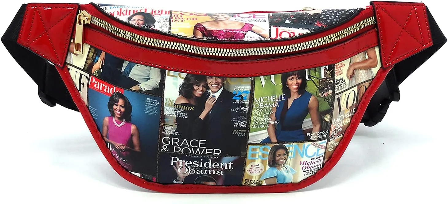 Glossy Magazine Cover Collage Michelle Obama and Barack Obama Fanny Pack Belt Bag Waist Pack Obama Purse (6-Multi/Red)