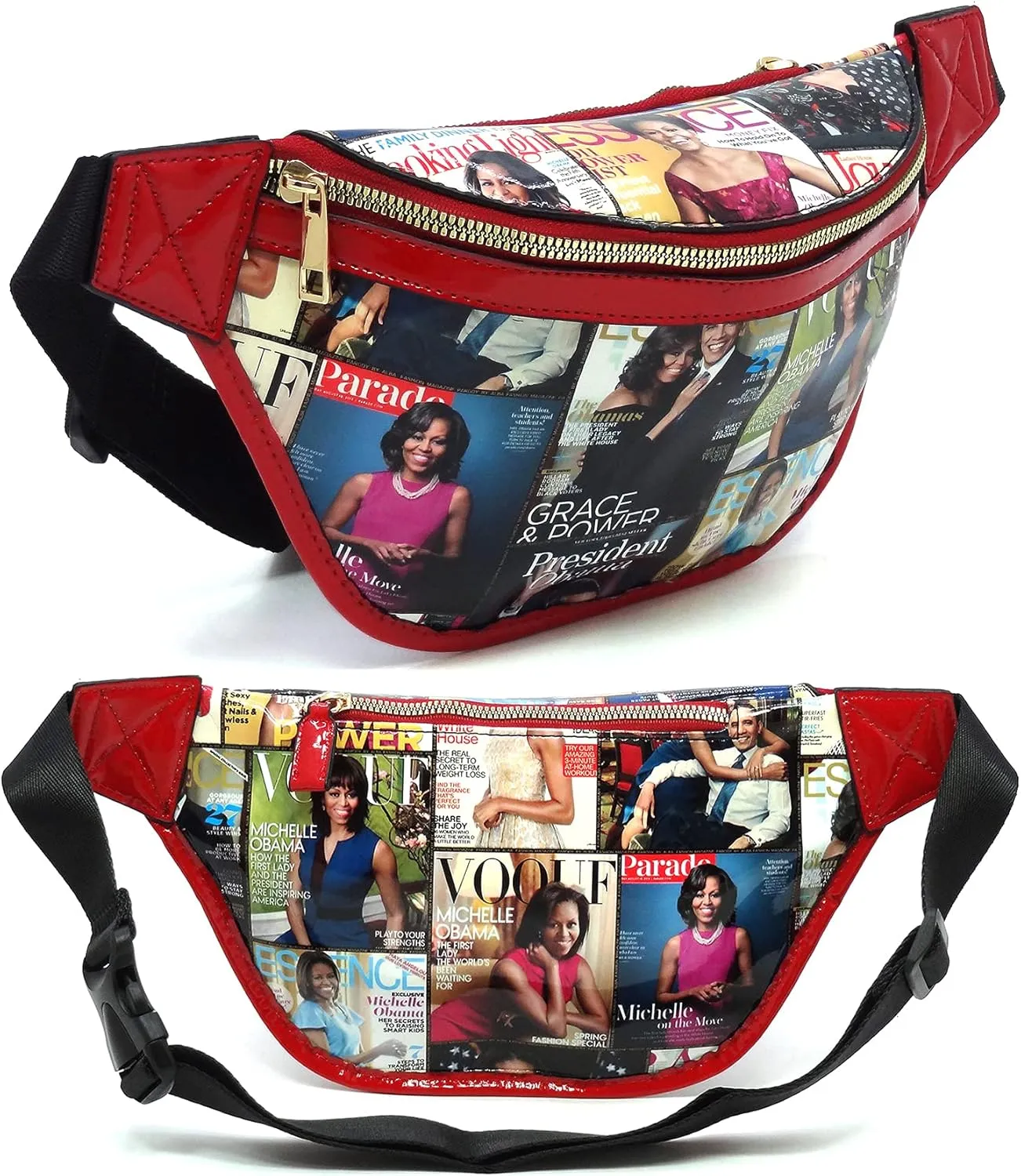 Glossy Magazine Cover Collage Michelle Obama and Barack Obama Fanny Pack Belt Bag Waist Pack Obama Purse (6-Multi/Red)