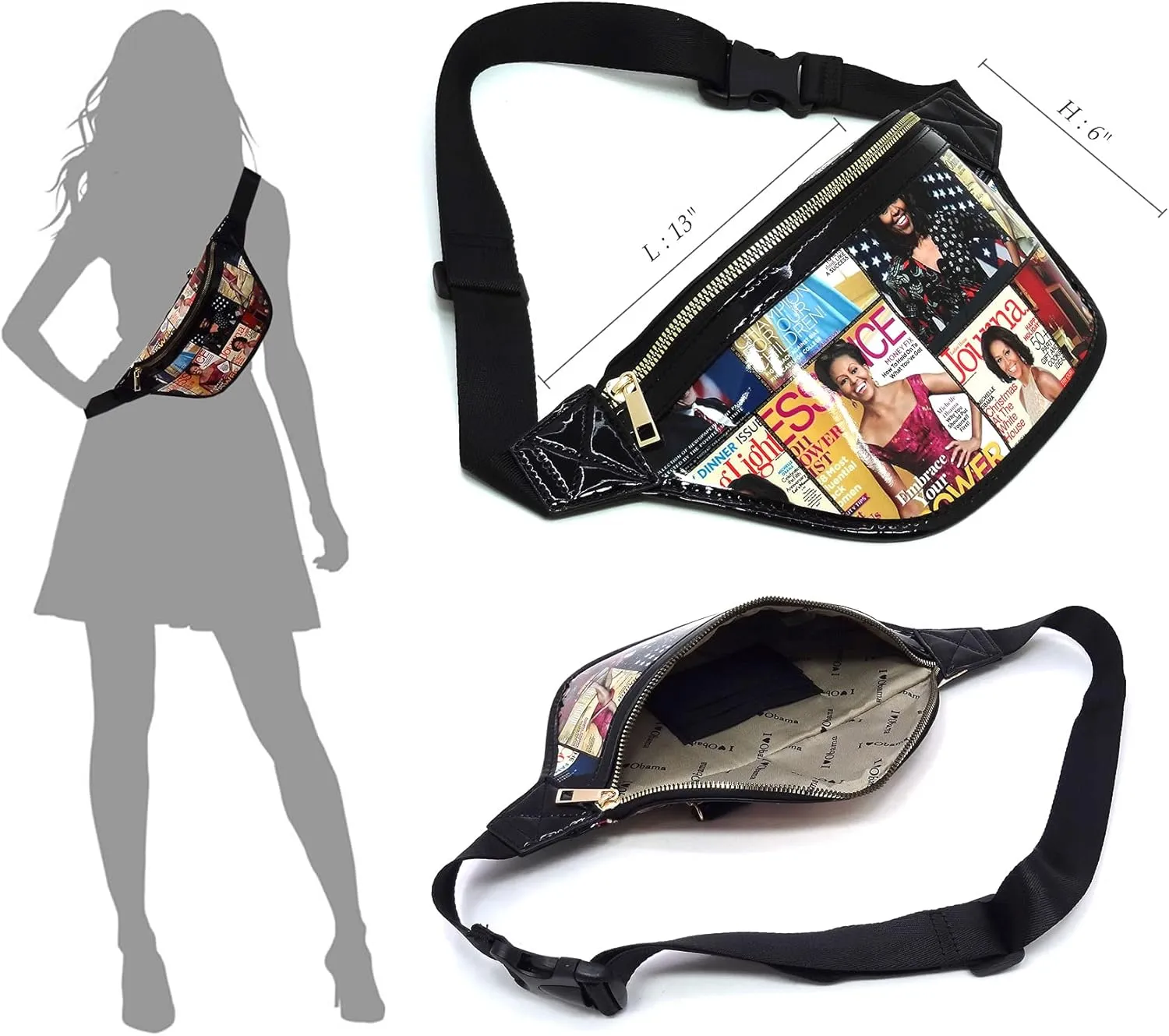 Glossy Magazine Cover Collage Michelle Obama and Barack Obama Fanny Pack Belt Bag Waist Pack Obama Purse (6-Multi/Red)