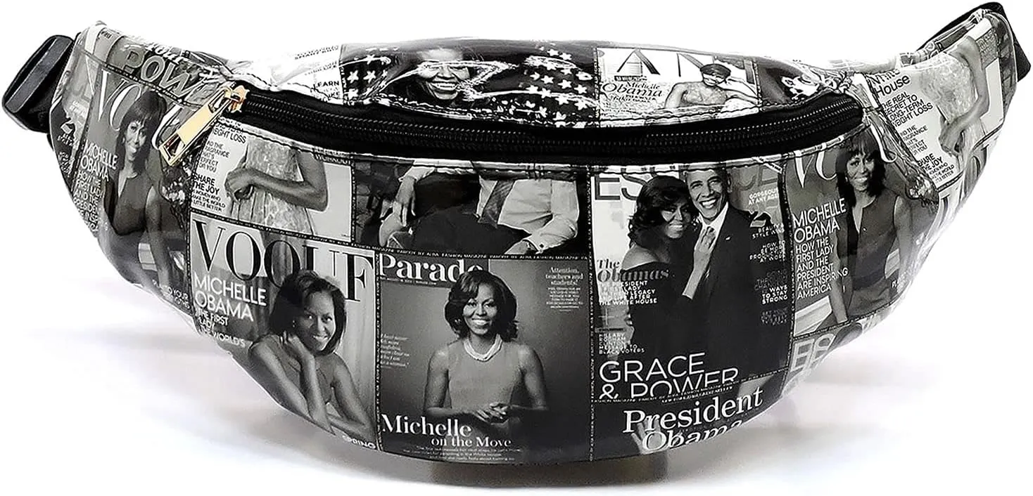 Glossy Magazine Cover Collage Michelle Obama and Barack Obama Fanny Pack Belt Bag Waist Pack Obama Purse (Grey/Black)