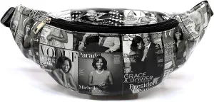 Glossy Magazine Cover Collage Michelle Obama and Barack Obama Fanny Pack Belt Bag Waist Pack Obama Purse (Grey/Black)