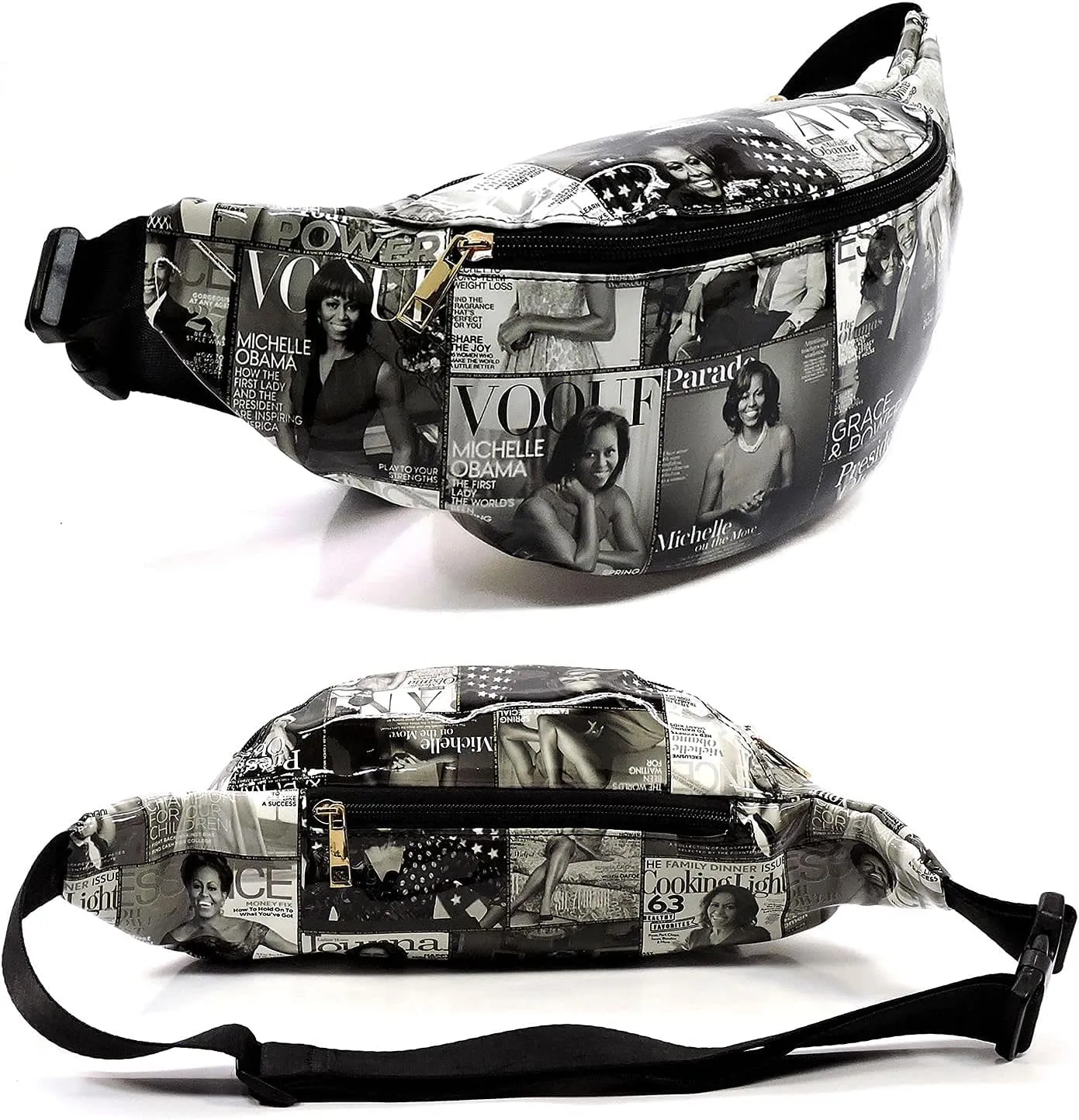 Glossy Magazine Cover Collage Michelle Obama and Barack Obama Fanny Pack Belt Bag Waist Pack Obama Purse (Grey/Black)