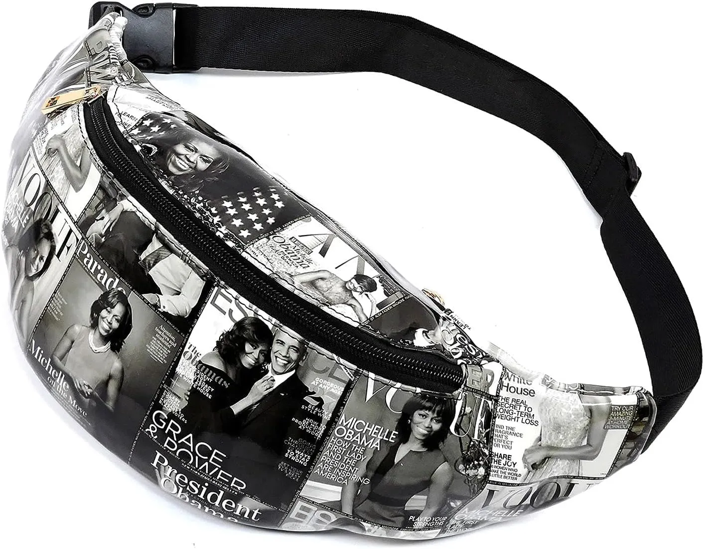 Glossy Magazine Cover Collage Michelle Obama and Barack Obama Fanny Pack Belt Bag Waist Pack Obama Purse (Grey/Black)