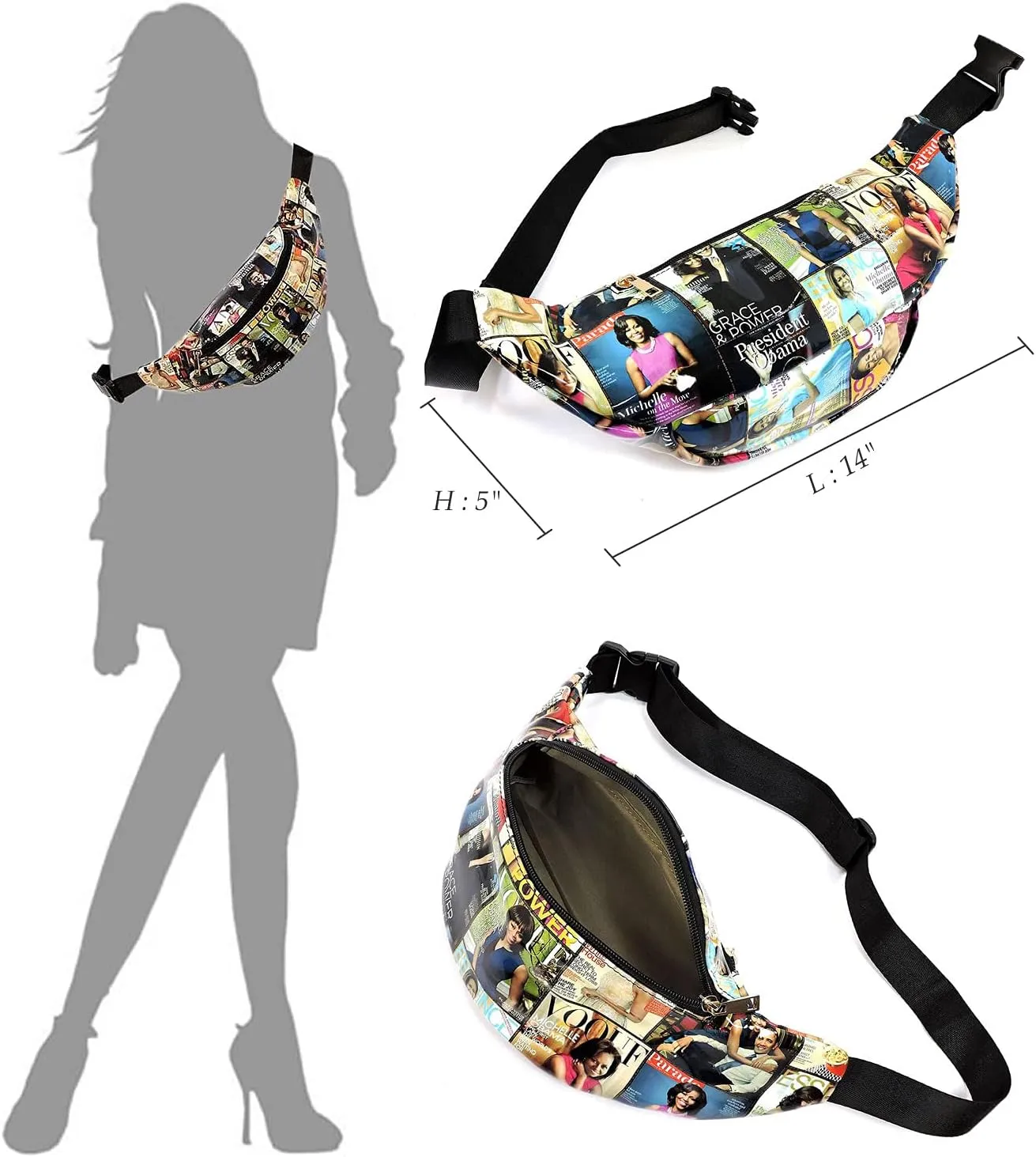 Glossy Magazine Cover Collage Michelle Obama and Barack Obama Fanny Pack Belt Bag Waist Pack Obama Purse (Grey/Black)