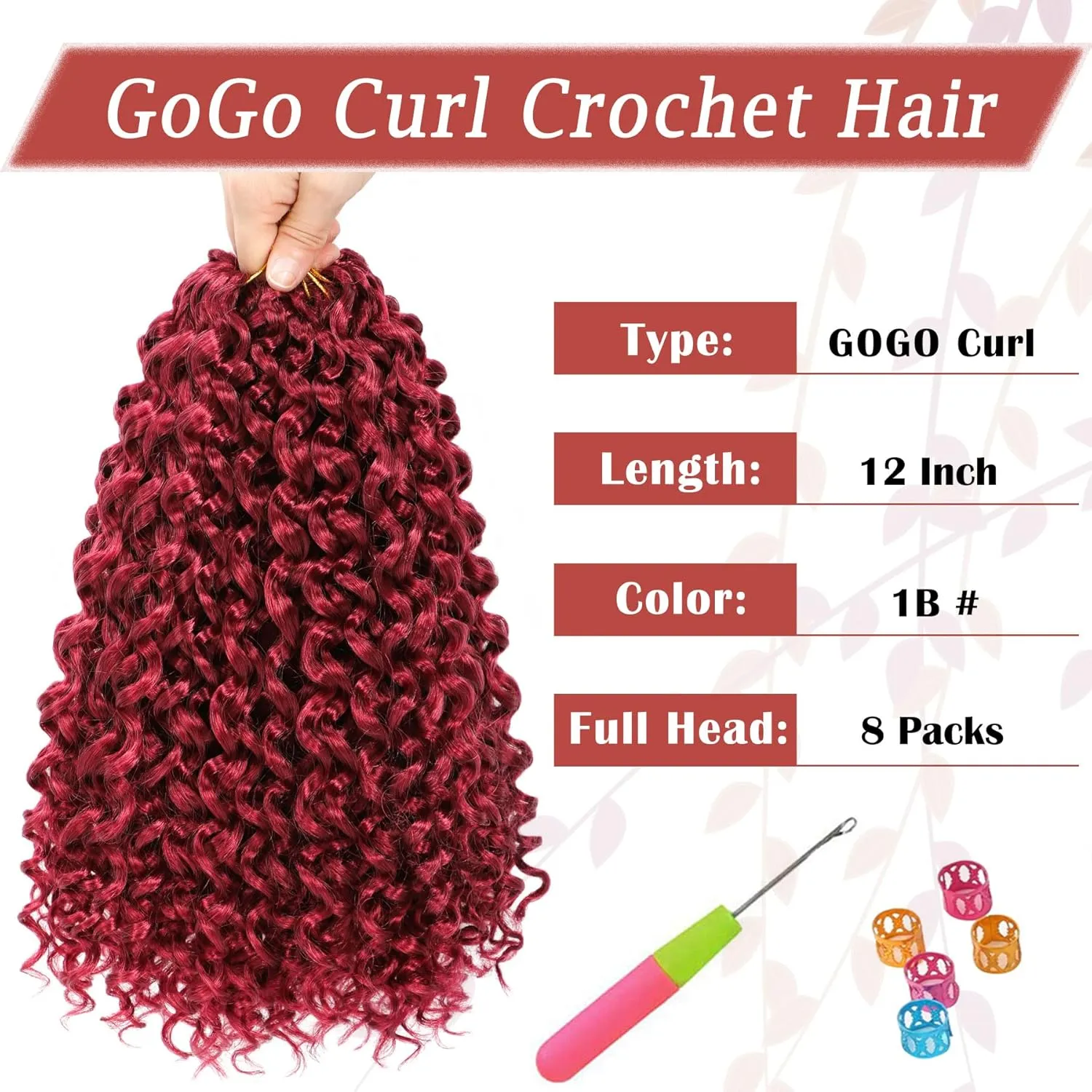 Gogo Curl Burgundy Short Curly Crochet Hair - Beach Curl, Deep Wave, Water Wave Braids - Synthetic Hair Extensions (12 Inch, 8 Packs)