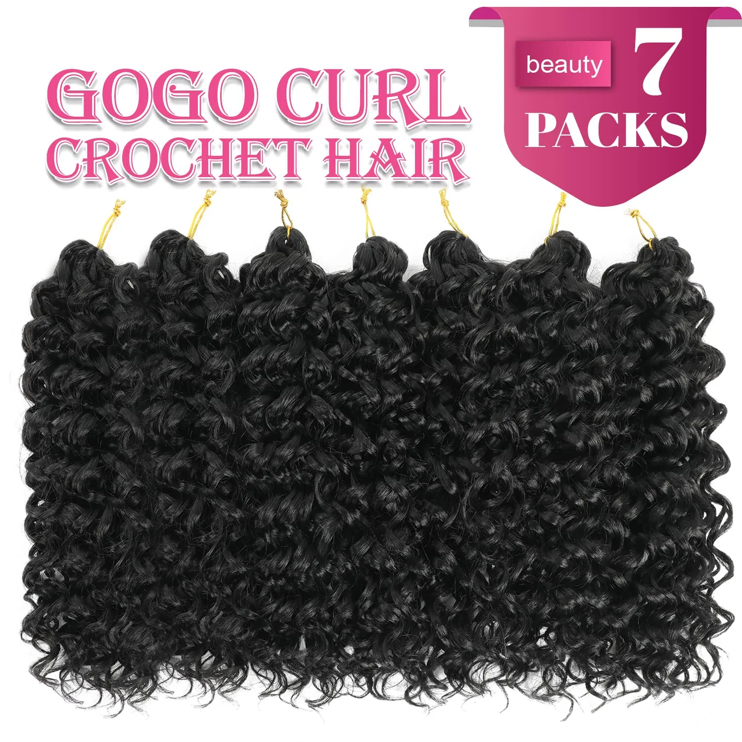 Gogo Curl Short Curly Crochet Hair - 14 Inch, 7 Packs for Black Women - Beach Curl, Deep Wave, Water Wave Braids - Synthetic Hair Extensions (14 Inch, 7 Packs, 1B)