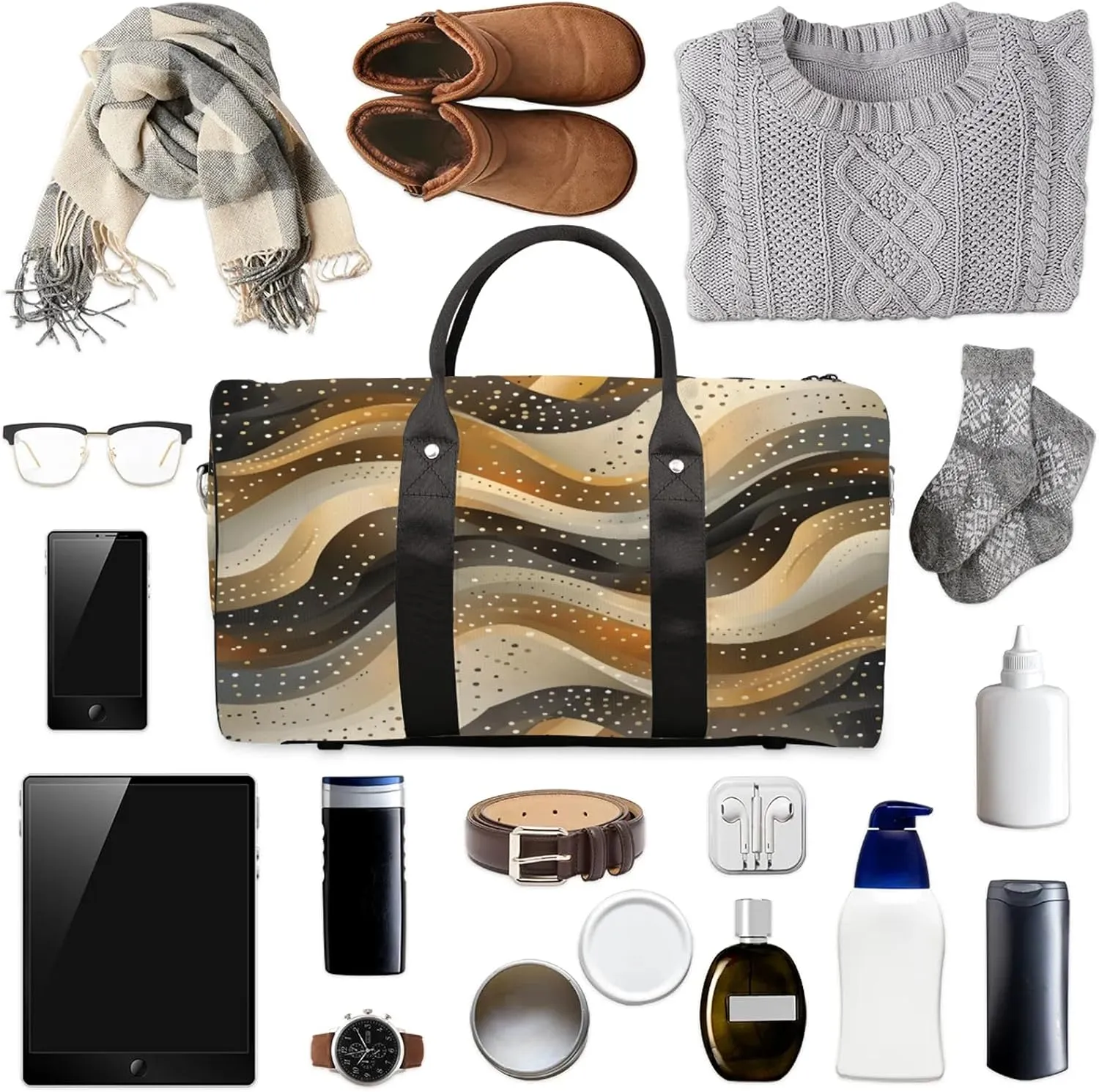 Gold Duffle Bag for Travel, Overnight Weekend Gym Carry On Luggage Bag, Geometric Textured Travel Duffel Bag for Men Women