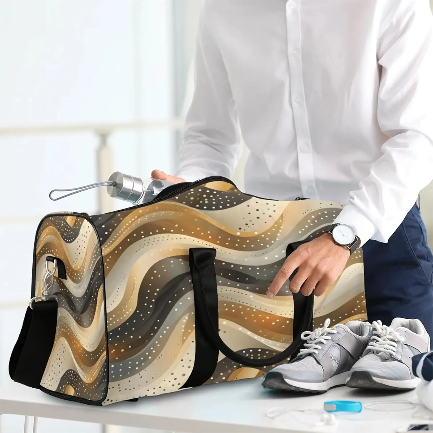 Gold Duffle Bag for Travel, Overnight Weekend Gym Carry On Luggage Bag, Geometric Textured Travel Duffel Bag for Men Women