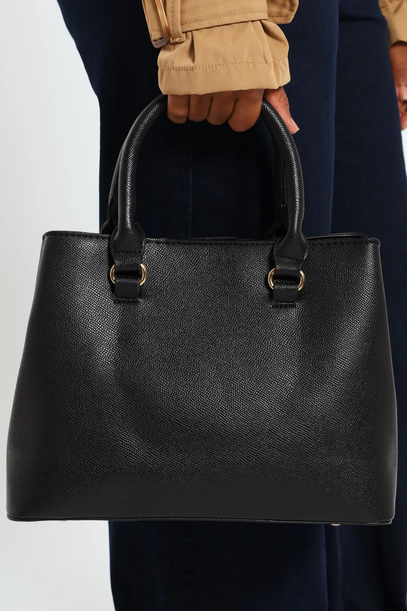 Gold Trim Multi Compartment Tote Bag - Black