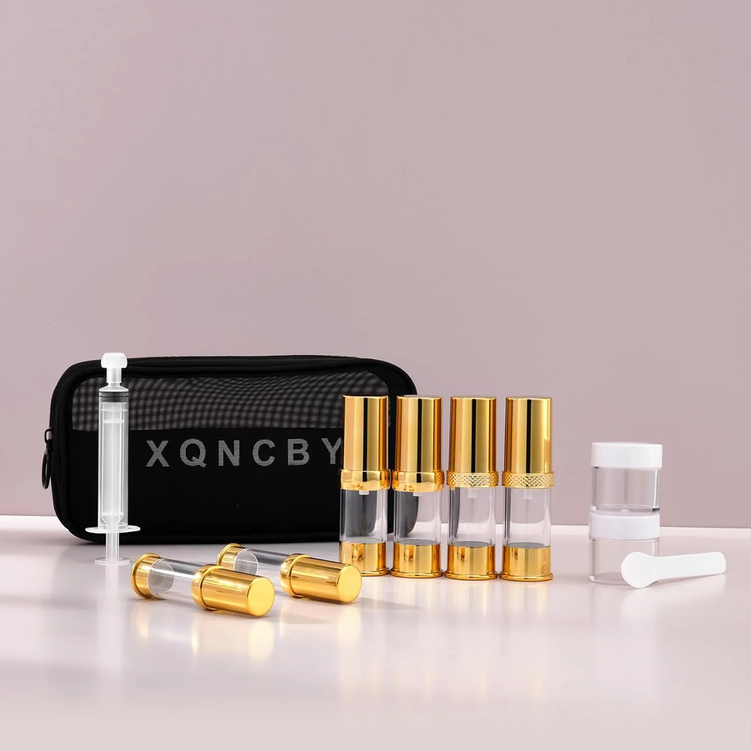 golden airless pump bottle with travel bag set with labels empty refillable cosmetic pump travel size containers hair oil, lotion and other liquids 5ml 10ml 15g(12 Packs)