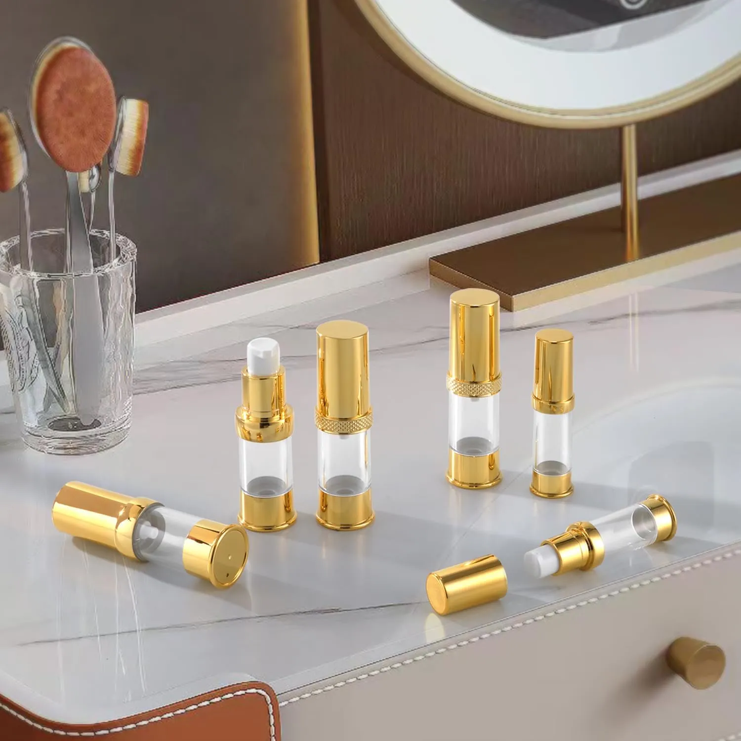 golden airless pump bottle with travel bag set with labels empty refillable cosmetic pump travel size containers hair oil, lotion and other liquids 5ml 10ml 15g(12 Packs)