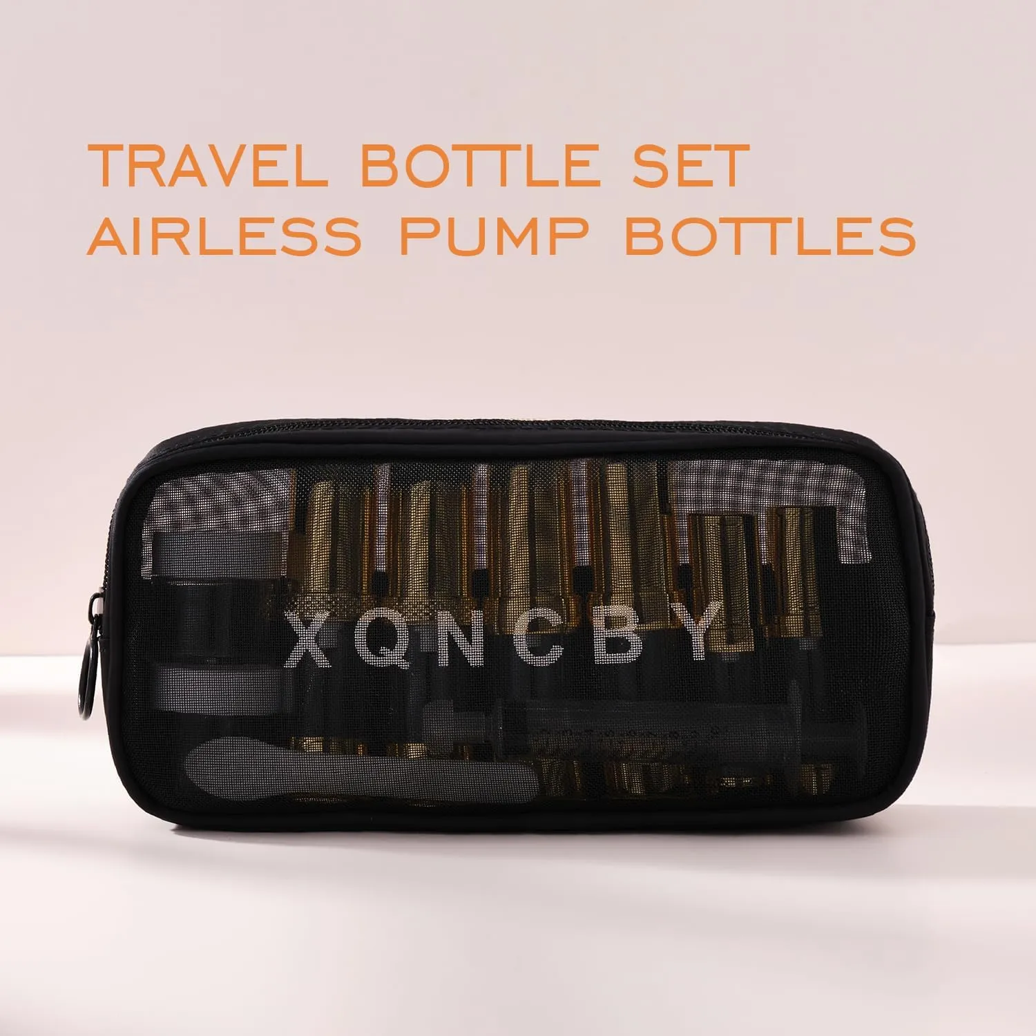 golden airless pump bottle with travel bag set with labels empty refillable cosmetic pump travel size containers hair oil, lotion and other liquids 5ml 10ml 15g(12 Packs)