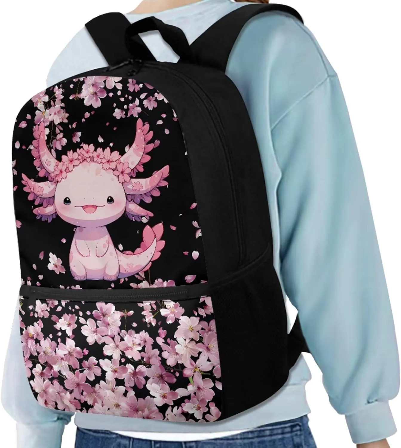 Gomyblomy Cute Axolotl Backpack for Girls 6-8 8-10 10-12 Cherry Blssom Bookbag for Girls with Lunch Box Pencil Case Water Bottle Holder 4 in1 Set Kids Schoolbag for Elementary Kindergarten