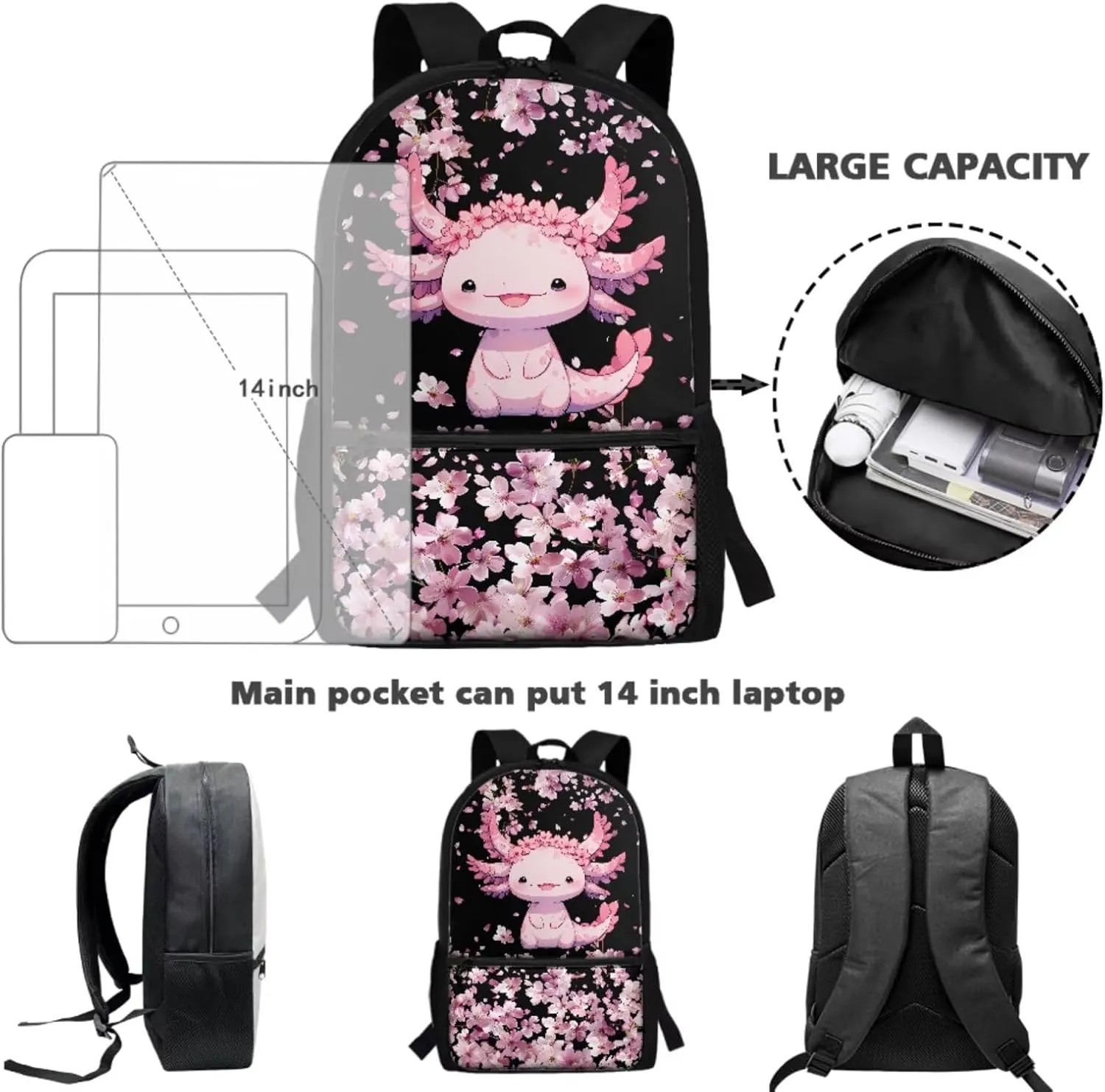 Gomyblomy Cute Axolotl Backpack for Girls 6-8 8-10 10-12 Cherry Blssom Bookbag for Girls with Lunch Box Pencil Case Water Bottle Holder 4 in1 Set Kids Schoolbag for Elementary Kindergarten