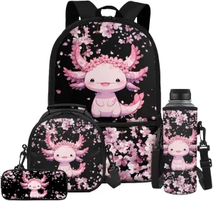 Gomyblomy Cute Axolotl Backpack for Girls 6-8 8-10 10-12 Cherry Blssom Bookbag for Girls with Lunch Box Pencil Case Water Bottle Holder 4 in1 Set Kids Schoolbag for Elementary Kindergarten