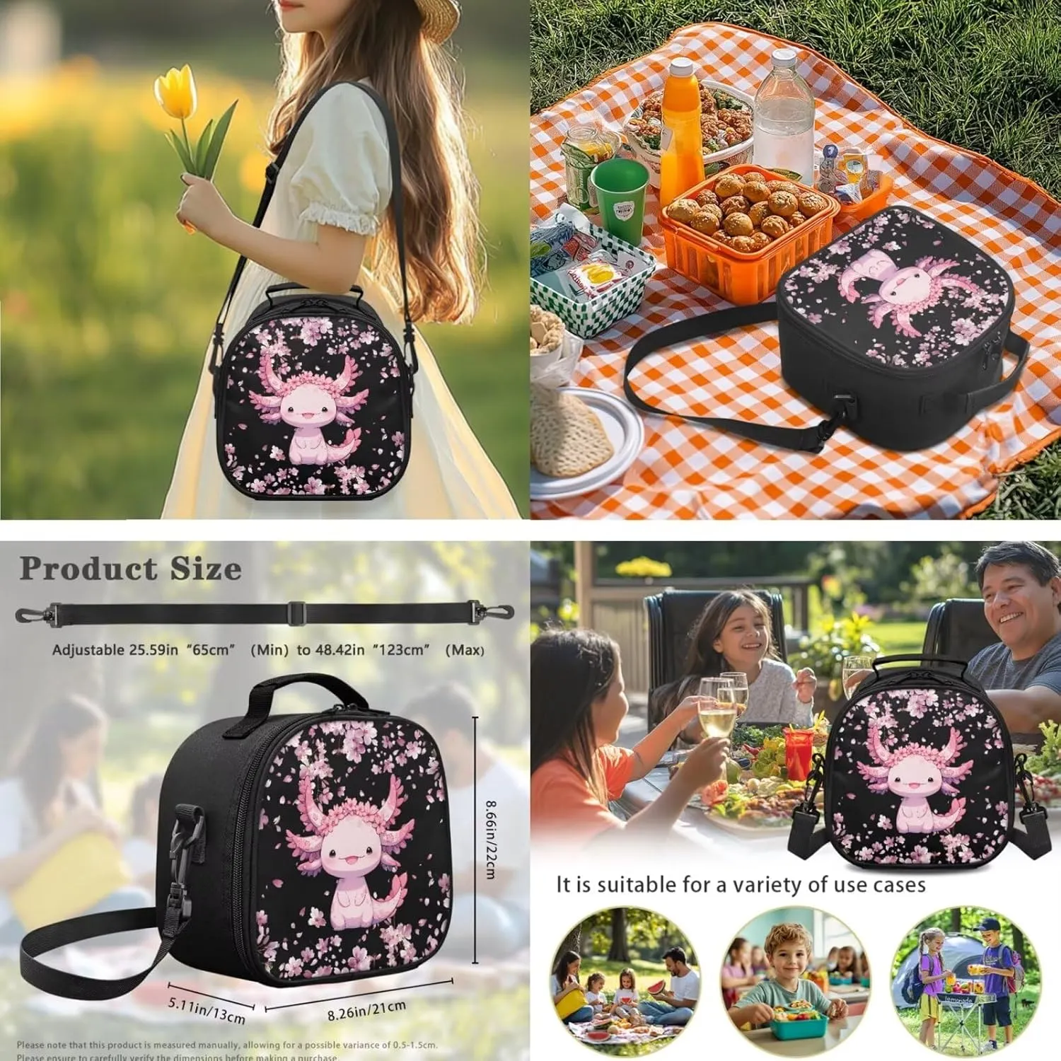 Gomyblomy Cute Axolotl Backpack for Girls 6-8 8-10 10-12 Cherry Blssom Bookbag for Girls with Lunch Box Pencil Case Water Bottle Holder 4 in1 Set Kids Schoolbag for Elementary Kindergarten