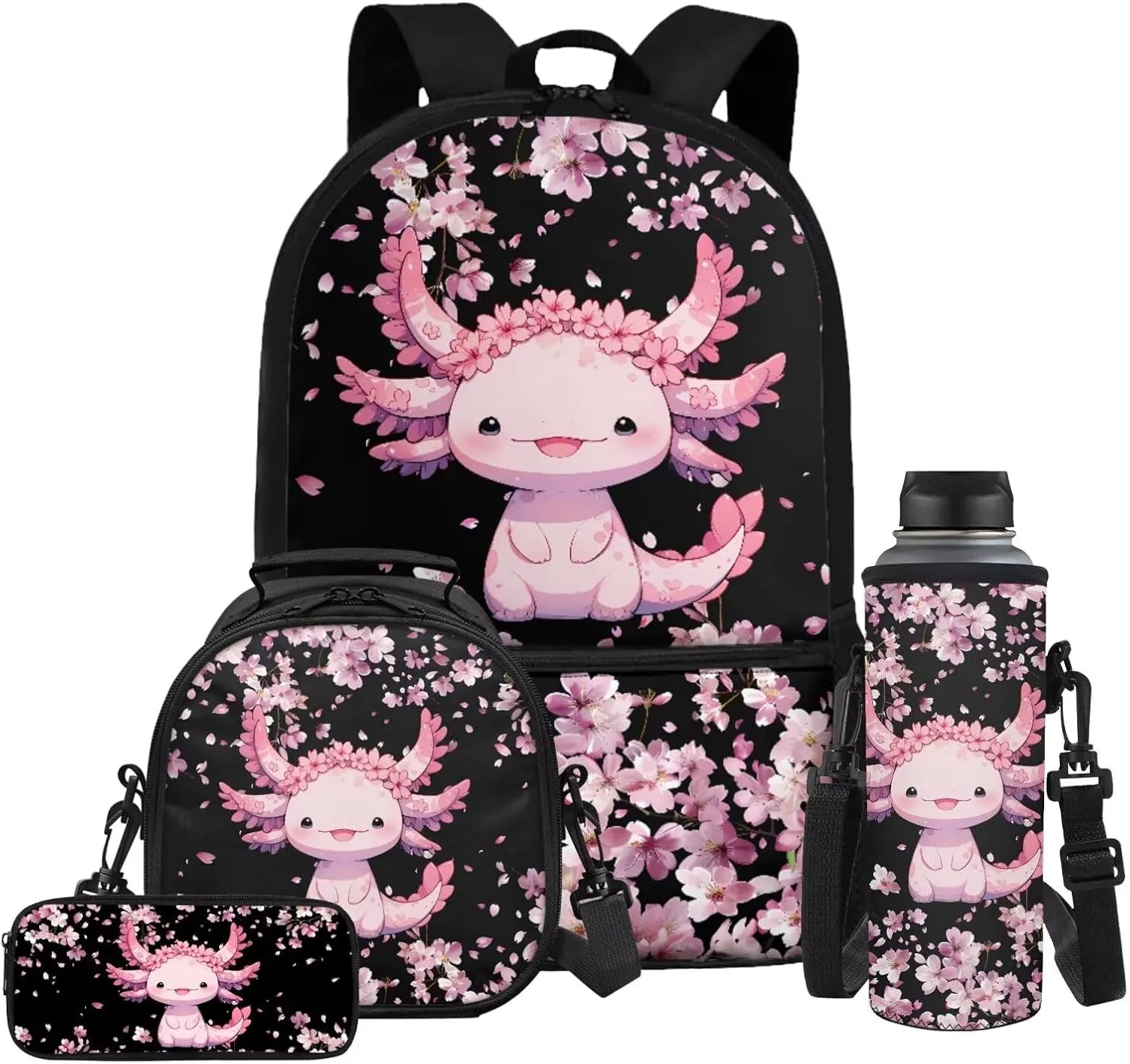 Gomyblomy Cute Axolotl Backpack for Girls 6-8 8-10 10-12 Cherry Blssom Bookbag for Girls with Lunch Box Pencil Case Water Bottle Holder 4 in1 Set Kids Schoolbag for Elementary Kindergarten