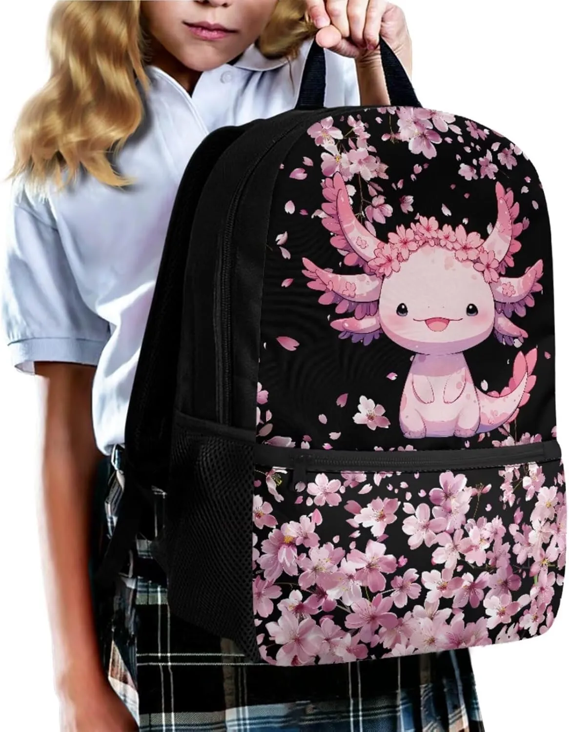 Gomyblomy Cute Axolotl Backpack for Girls 6-8 8-10 10-12 Cherry Blssom Bookbag for Girls with Lunch Box Pencil Case Water Bottle Holder 4 in1 Set Kids Schoolbag for Elementary Kindergarten
