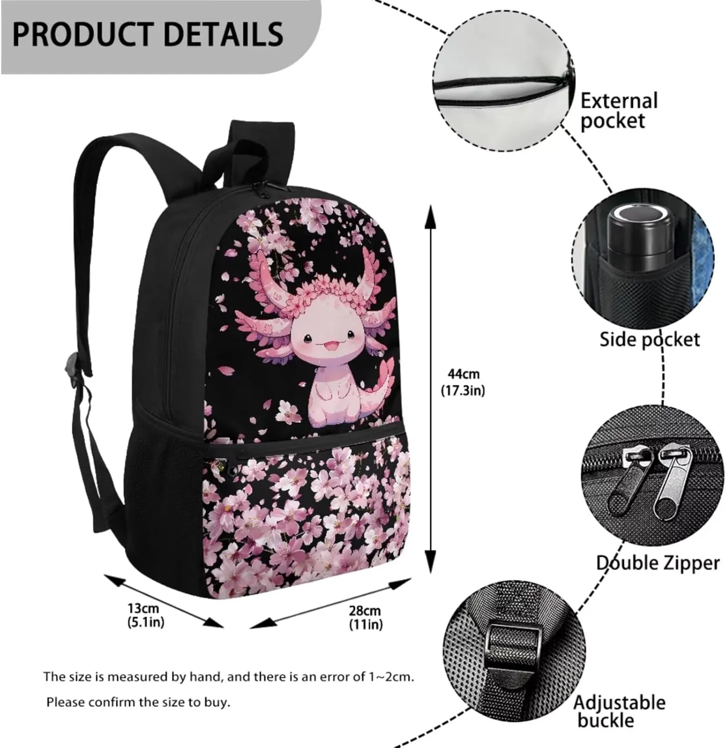Gomyblomy Cute Axolotl Backpack for Girls 6-8 8-10 10-12 Cherry Blssom Bookbag for Girls with Lunch Box Pencil Case Water Bottle Holder 4 in1 Set Kids Schoolbag for Elementary Kindergarten