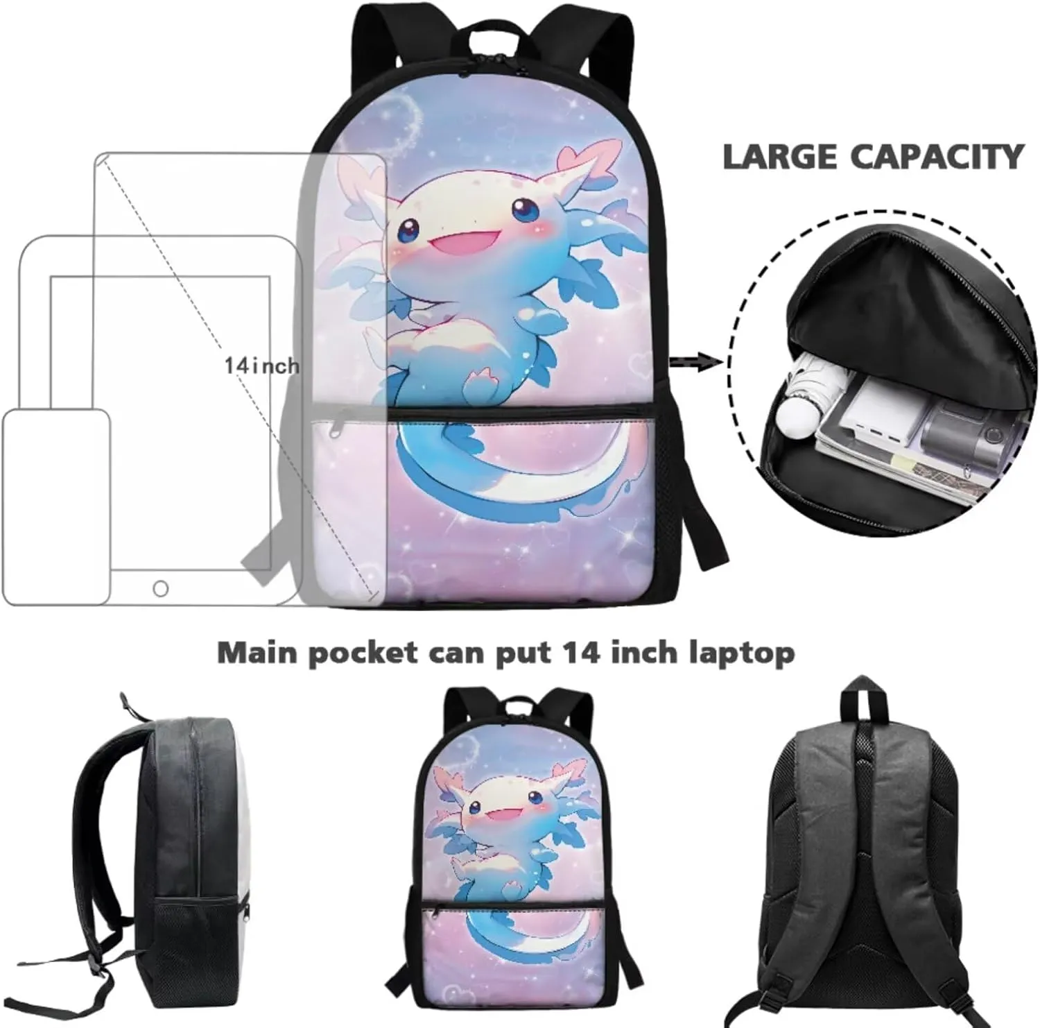 Gomyblomy Galaxy Axolotl Backpack for School Girls 6-8 8-10 with Lunch Box Kawaii Kids Bookbag Set for Girls School Backpack for Elementary Kindergarten Cute Book Bags Set of 4 Pcs