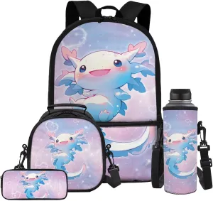 Gomyblomy Galaxy Axolotl Backpack for School Girls 6-8 8-10 with Lunch Box Kawaii Kids Bookbag Set for Girls School Backpack for Elementary Kindergarten Cute Book Bags Set of 4 Pcs