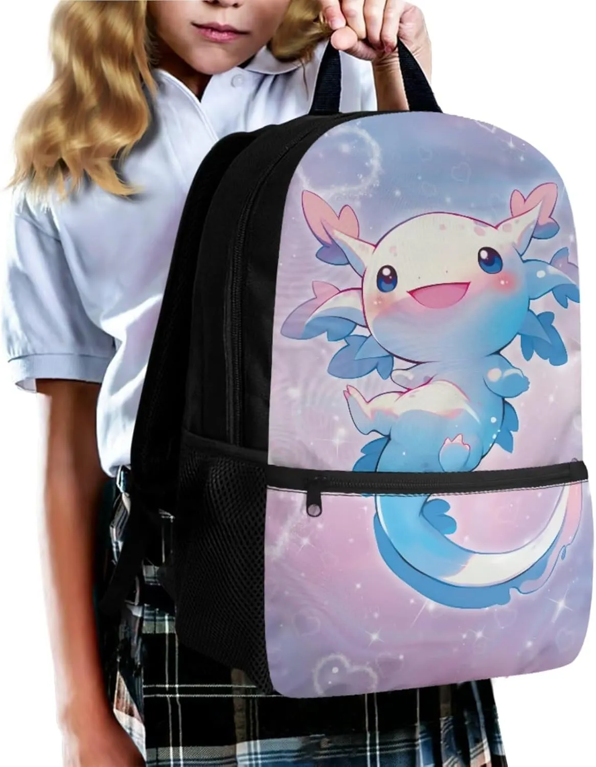 Gomyblomy Galaxy Axolotl Backpack for School Girls 6-8 8-10 with Lunch Box Kawaii Kids Bookbag Set for Girls School Backpack for Elementary Kindergarten Cute Book Bags Set of 4 Pcs