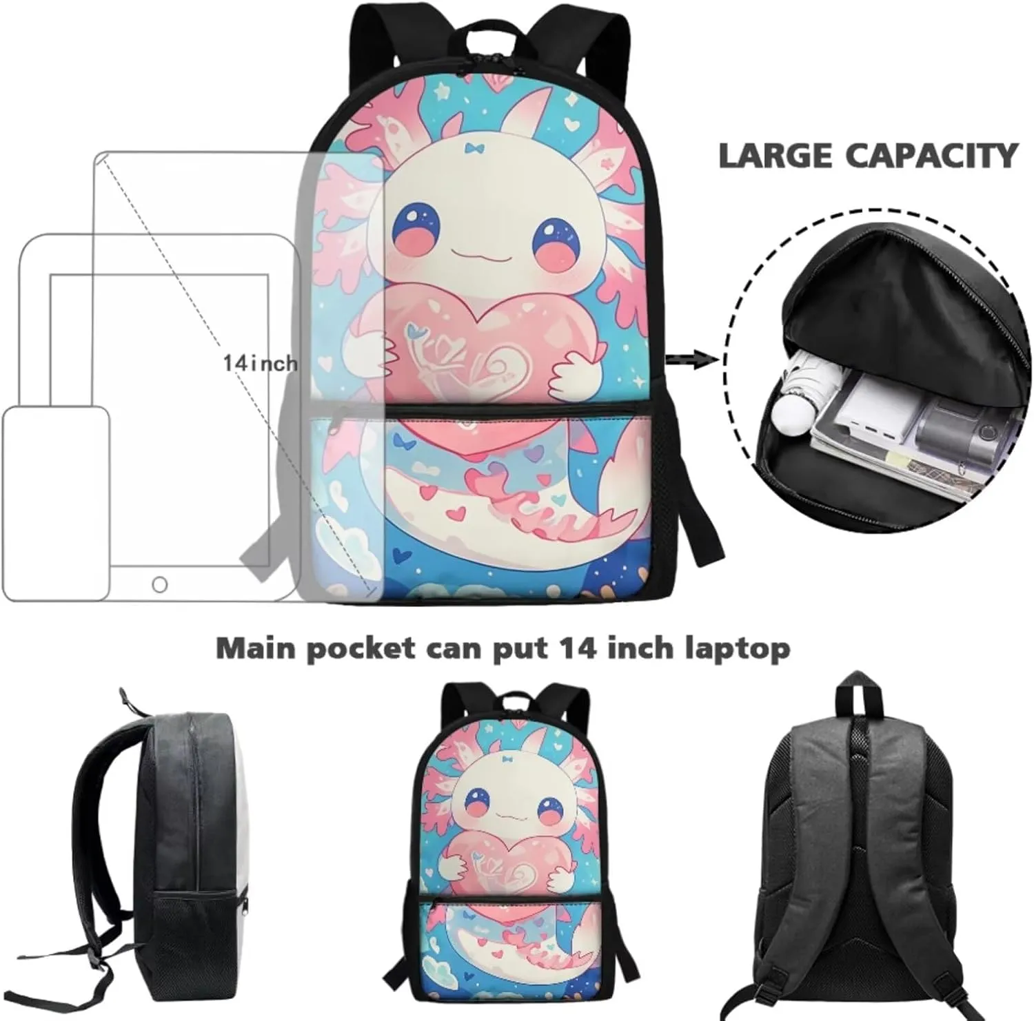 Gomyblomy Heart Axolotl Backpack for Girls 8-10 with Lunch Box Cute Elementary School Bag Set of 4 Pcs for Kids Kawaii Girls Backpack Pen Case Water Bottle Holder for Elementary Kindergarten
