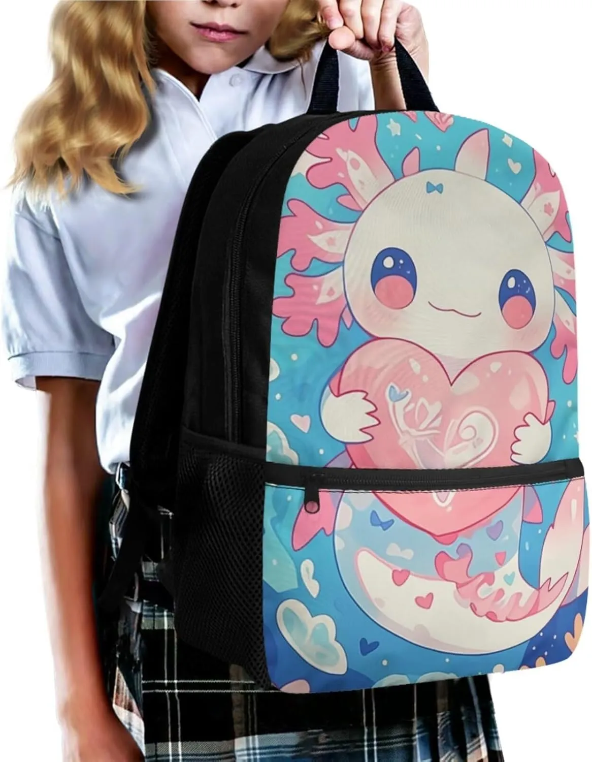 Gomyblomy Heart Axolotl Backpack for Girls 8-10 with Lunch Box Cute Elementary School Bag Set of 4 Pcs for Kids Kawaii Girls Backpack Pen Case Water Bottle Holder for Elementary Kindergarten