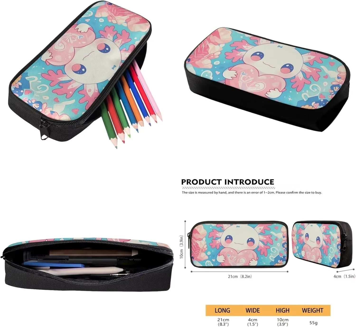 Gomyblomy Heart Axolotl Backpack for Girls 8-10 with Lunch Box Cute Elementary School Bag Set of 4 Pcs for Kids Kawaii Girls Backpack Pen Case Water Bottle Holder for Elementary Kindergarten