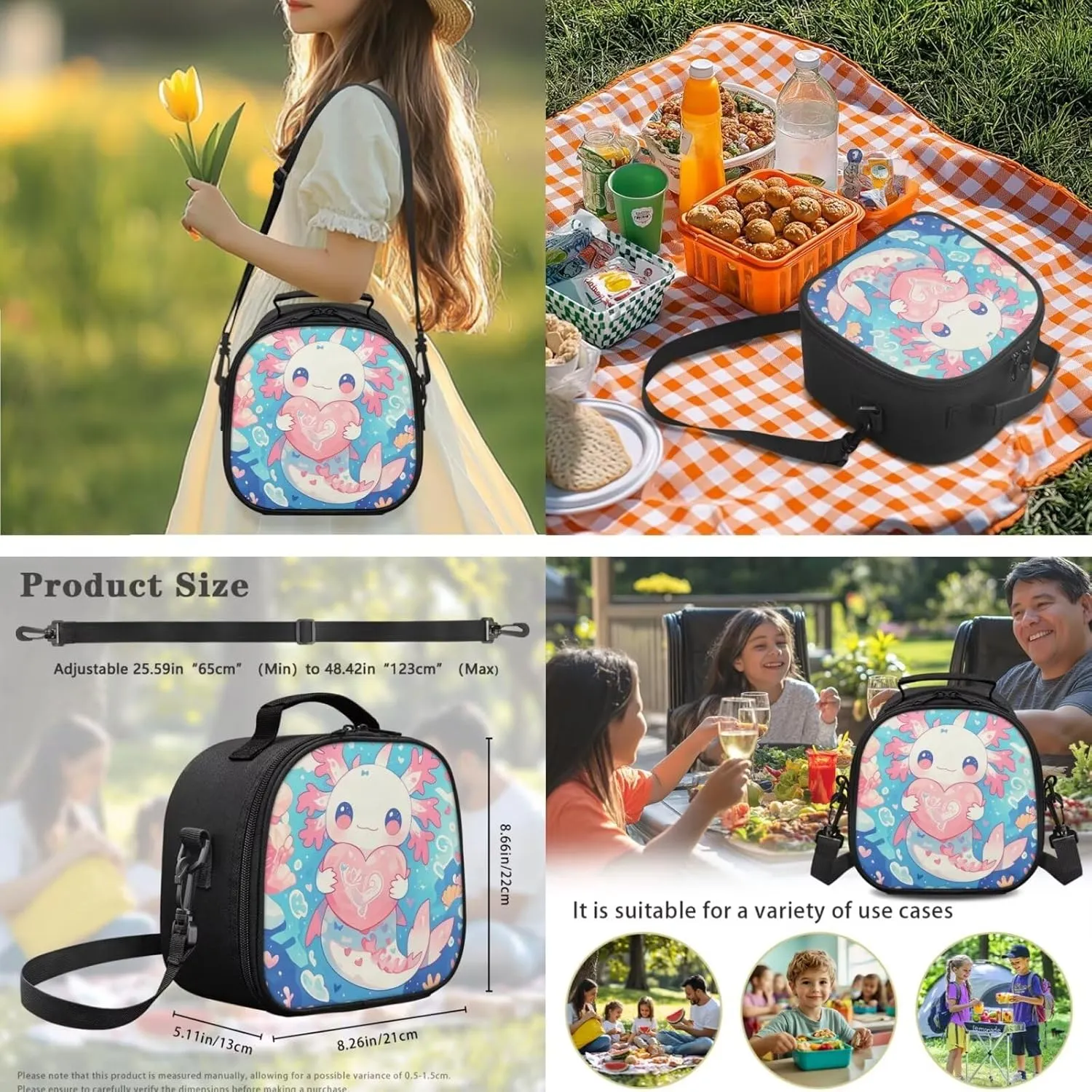 Gomyblomy Heart Axolotl Backpack for Girls 8-10 with Lunch Box Cute Elementary School Bag Set of 4 Pcs for Kids Kawaii Girls Backpack Pen Case Water Bottle Holder for Elementary Kindergarten