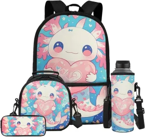 Gomyblomy Heart Axolotl Backpack for Girls 8-10 with Lunch Box Cute Elementary School Bag Set of 4 Pcs for Kids Kawaii Girls Backpack Pen Case Water Bottle Holder for Elementary Kindergarten
