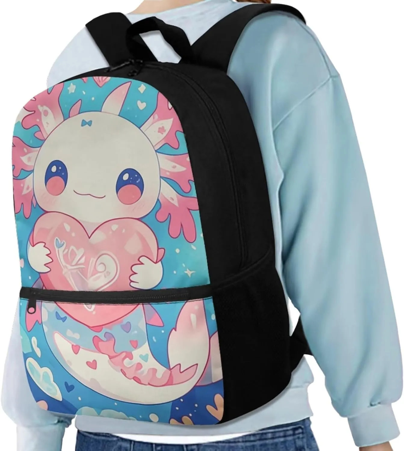 Gomyblomy Heart Axolotl Backpack for Girls 8-10 with Lunch Box Cute Elementary School Bag Set of 4 Pcs for Kids Kawaii Girls Backpack Pen Case Water Bottle Holder for Elementary Kindergarten