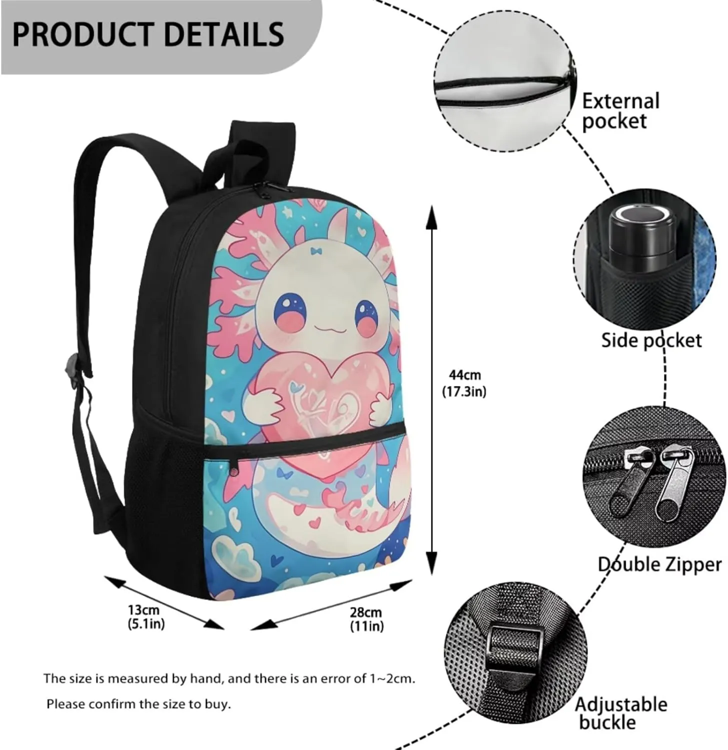 Gomyblomy Heart Axolotl Backpack for Girls 8-10 with Lunch Box Cute Elementary School Bag Set of 4 Pcs for Kids Kawaii Girls Backpack Pen Case Water Bottle Holder for Elementary Kindergarten