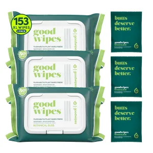 Goodwipes Flushable Butt Wipes - Vitamin E & Aloe - Sewer & Septic Safe - Extra Large Adult Wet Wipes For Women & Men - Toilet Essential - Botanical Bliss, 153 Count (3 Packs   3 Individually Wrapped)