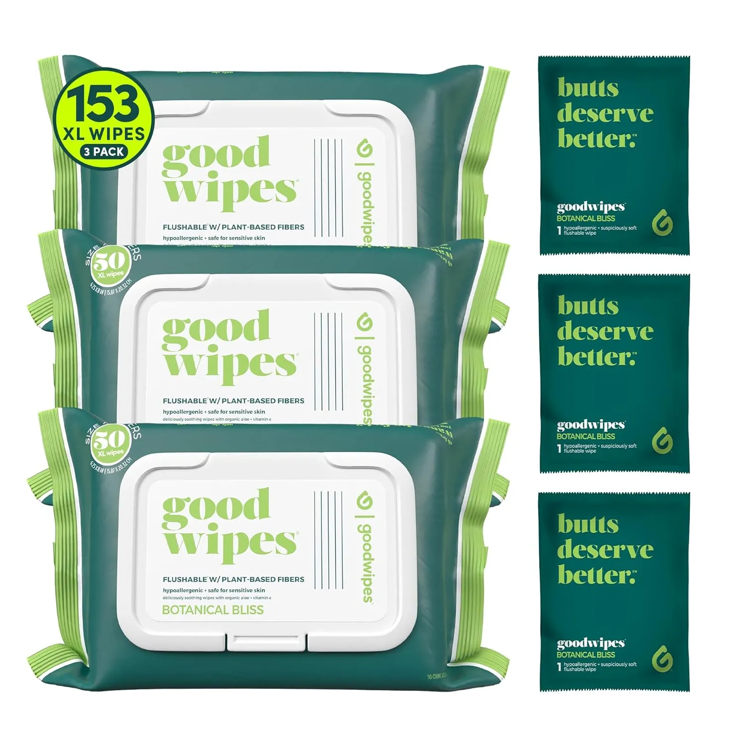 Goodwipes Flushable Butt Wipes - Vitamin E & Aloe - Sewer & Septic Safe - Extra Large Adult Wet Wipes For Women & Men - Toilet Essential - Botanical Bliss, 153 Count (3 Packs   3 Individually Wrapped)