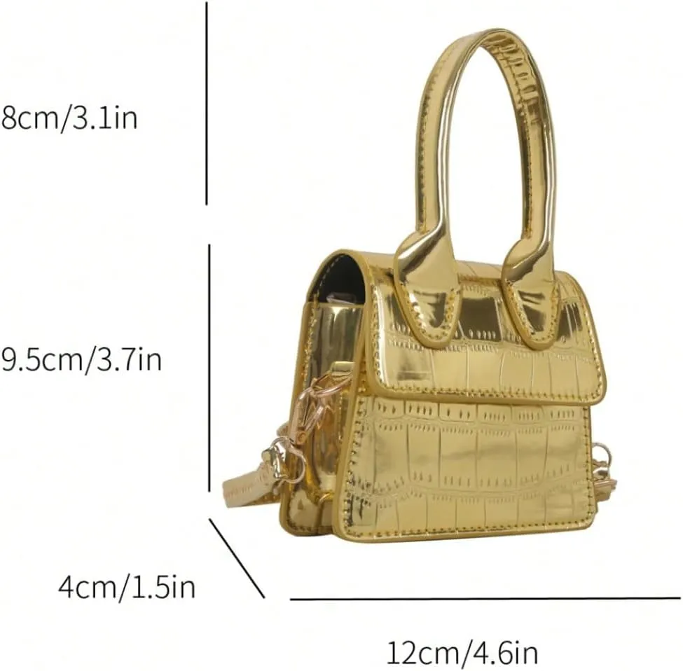 GORGLITTER Women's Crocodile Embossed Mini Square Bag Metallic Top Handle Crossbody Handbag Flap Clutch Bags