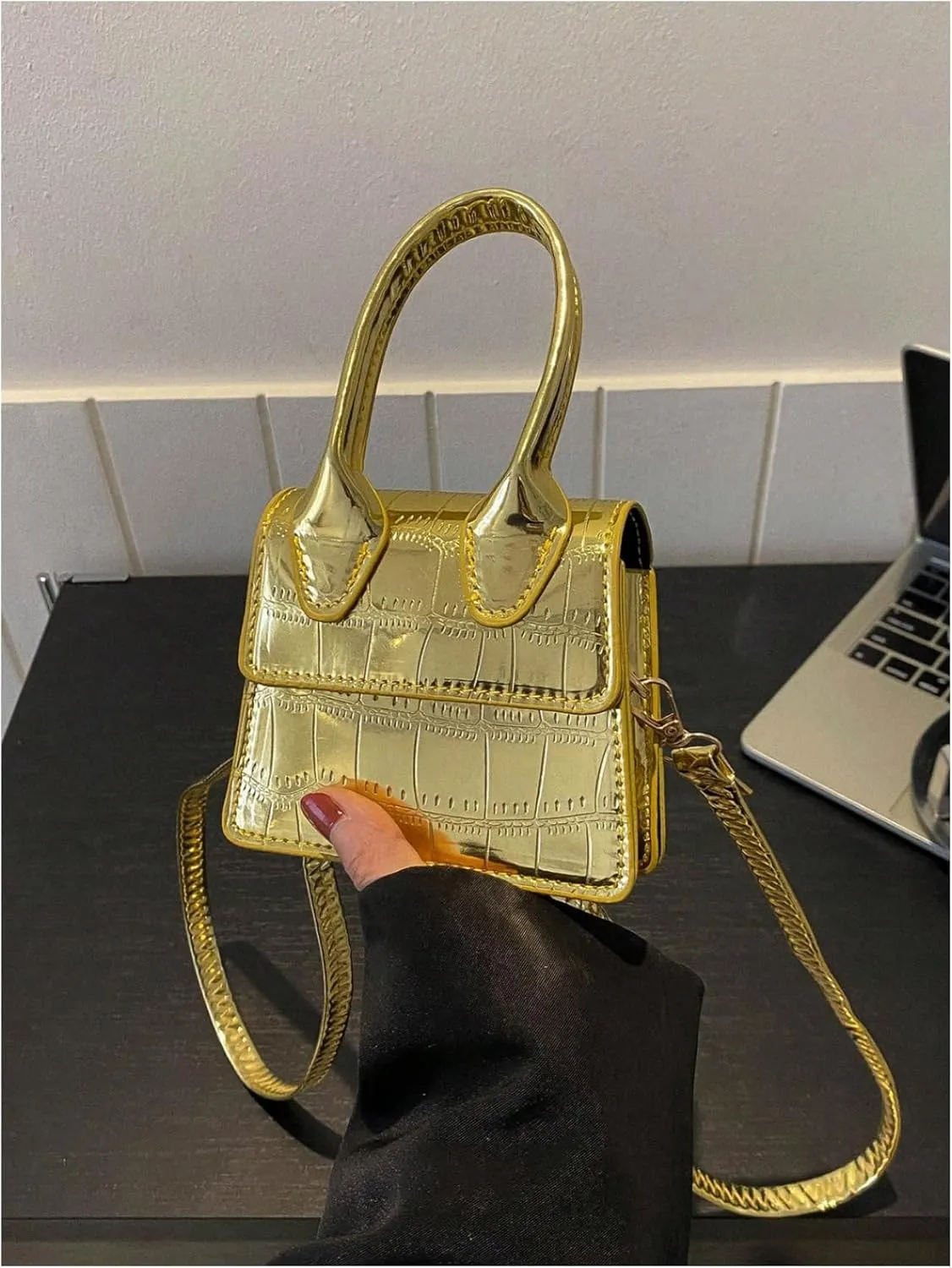 GORGLITTER Women's Crocodile Embossed Mini Square Bag Metallic Top Handle Crossbody Handbag Flap Clutch Bags